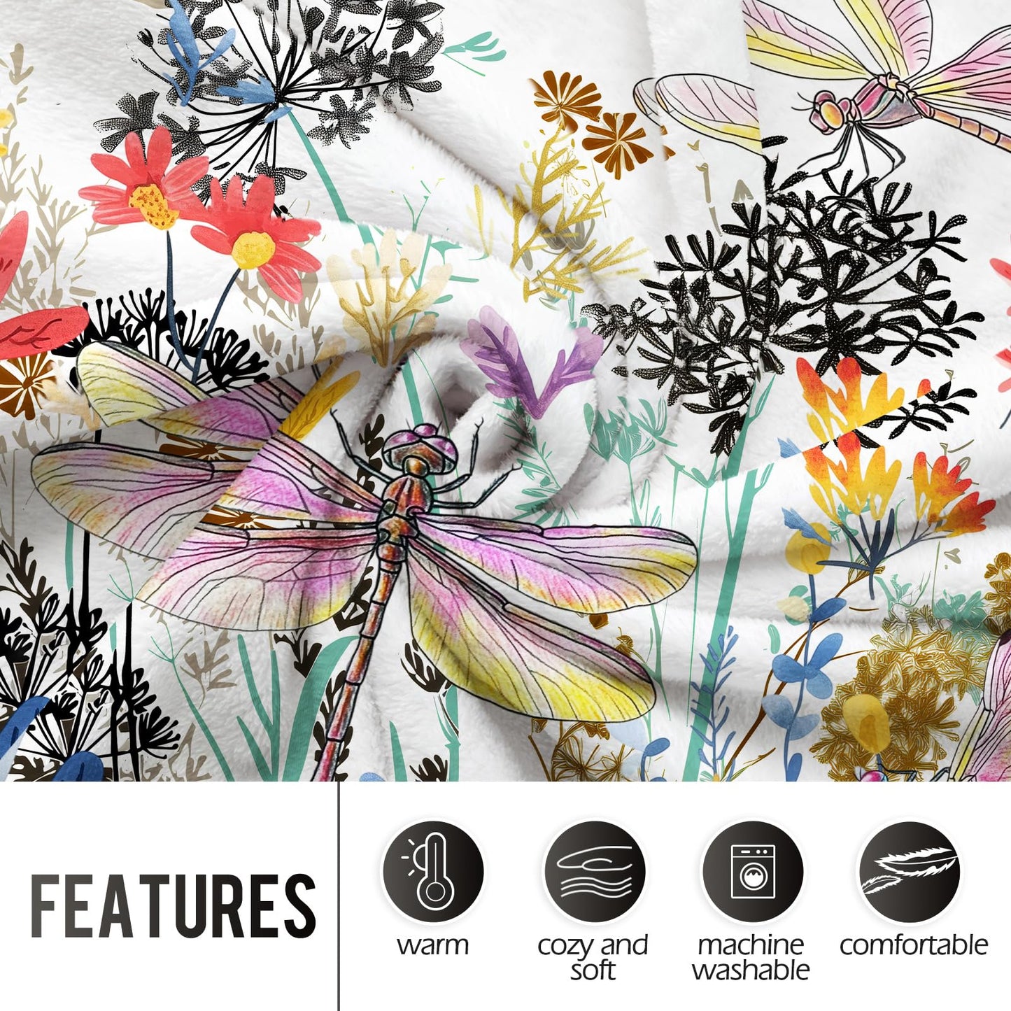 Levens Dragonfly Blanket Gifts for Girls Women, 50"x60" Dragonfly Floral Throw Blankets Soft Cozy Flannel Lightweight Blanket Decor for Couch Sofa Bed Birthday for Dragonflies Lovers