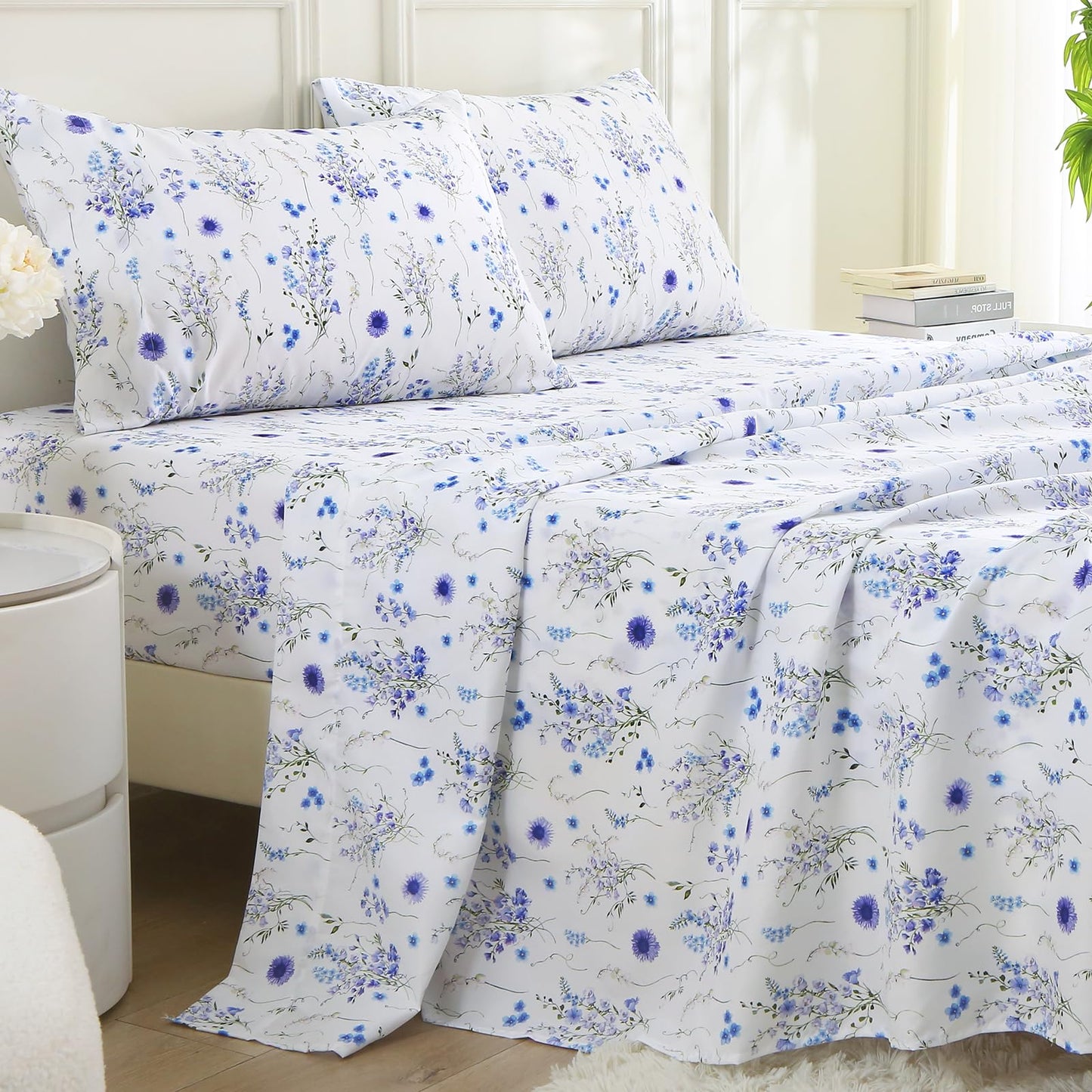 MUXHOMO Full Size 4 Piece Sheet Set, Soft & Breathable Sheet Set for Bedroom with Deep Pocket Up to 16", Wrinkle-Free & Cooling Bed Sheet with Flat Sheet, Fitted Sheet & Pillowcases - Indigo Mystical