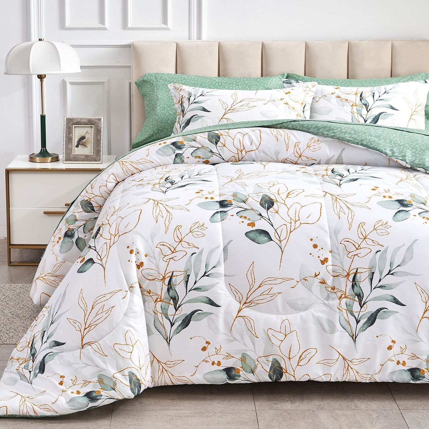 Joyreap 6 Piece Bed in a Bag Twin, Green Leaves Printed on White Botanical Design, Microfiber Comforter Set for All Season (1 Comforter, 2 Pillow Shams, 1 Flat Sheet, 1 Fitted Sheet, 1 Pillowcase)