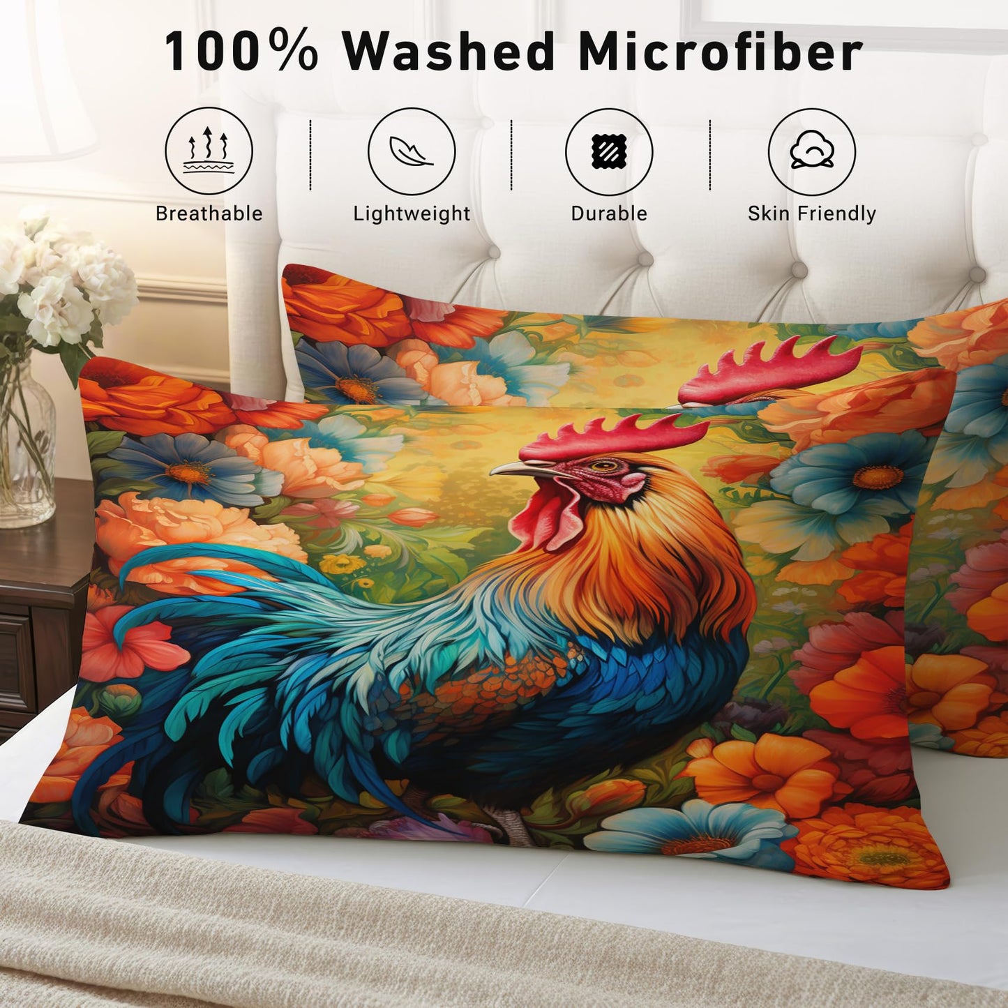 Zoainuos Chicken Sheets King Size Deep Pocket, Rooster Farmhouse Bed Sheet Set, Soft Microfiber Wrinkle Free Bedding Sheets & Pillowcases, Farm Animal Gifts