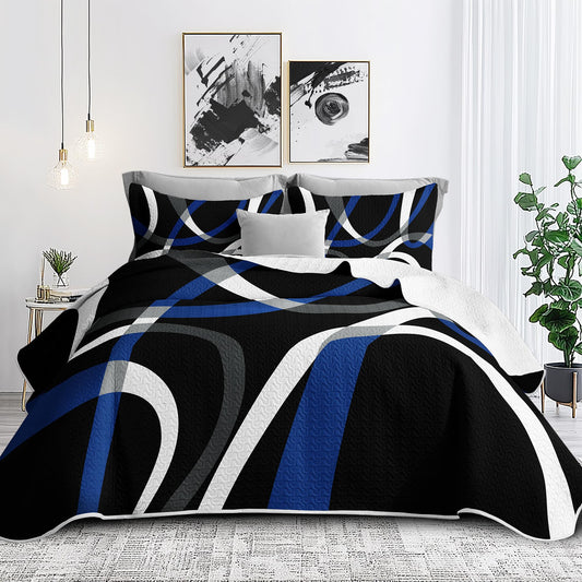 weesire Black and Blue Bedding Quilt King Size with 2 Shams, Modern Stripe Comforter Sets Classic Line Pattern Bedspreads Grey and Blue Coverlet, 96''x106''