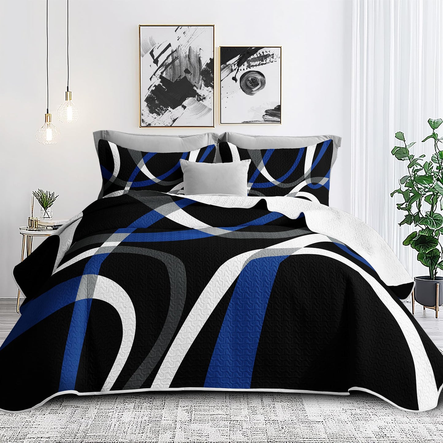 weesire Black and Blue Bedding Quilt Queen Size with 2 Shams, Modern Stripe Comforter Sets Classic Line Pattern Bedspreads Grey and Blue Coverlet, 90''x96''