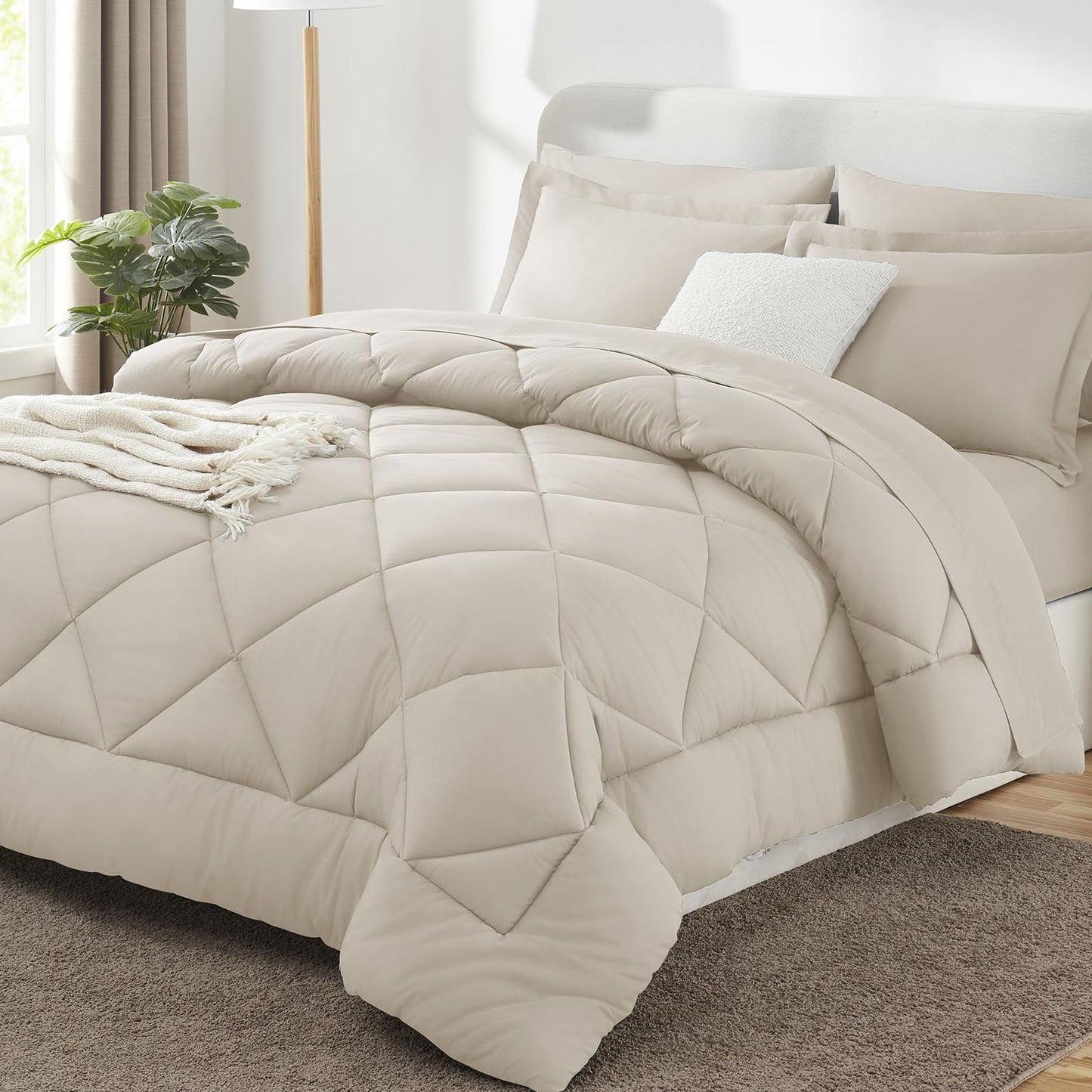 CozyLux Queen Comforter Set Beige - Bed in a Bag Queen Size 7 Pieces, Luxury Soft Bed Set for All Seasons, Bedding Set with Down Alternative Comforter, Sheets, Pillowcases & Shams