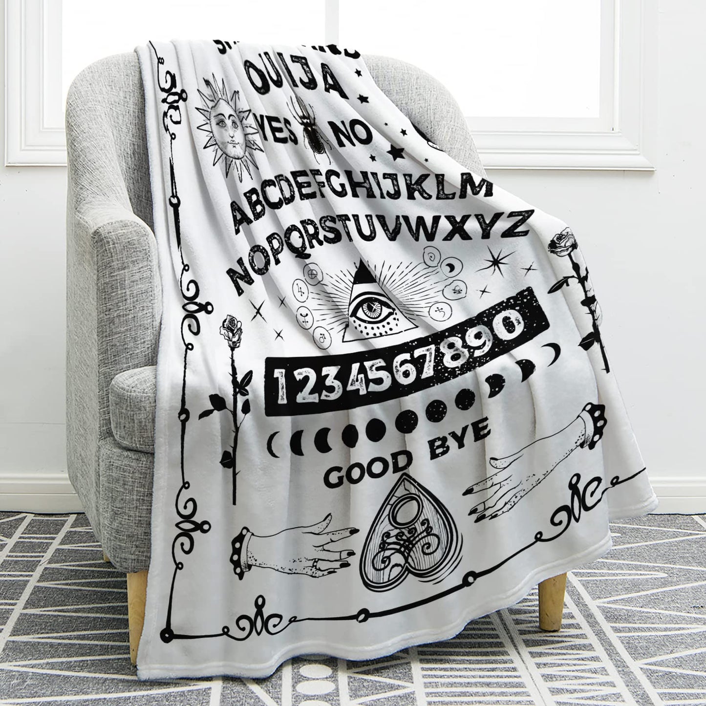 Jekeno Ouija Board Blanket Gifts for Women Men Kids Girls Boys Mother's Day for Mom Dad Home Bedroom Gothic Witch Decor Soft Throw Blankets White 50"x60"