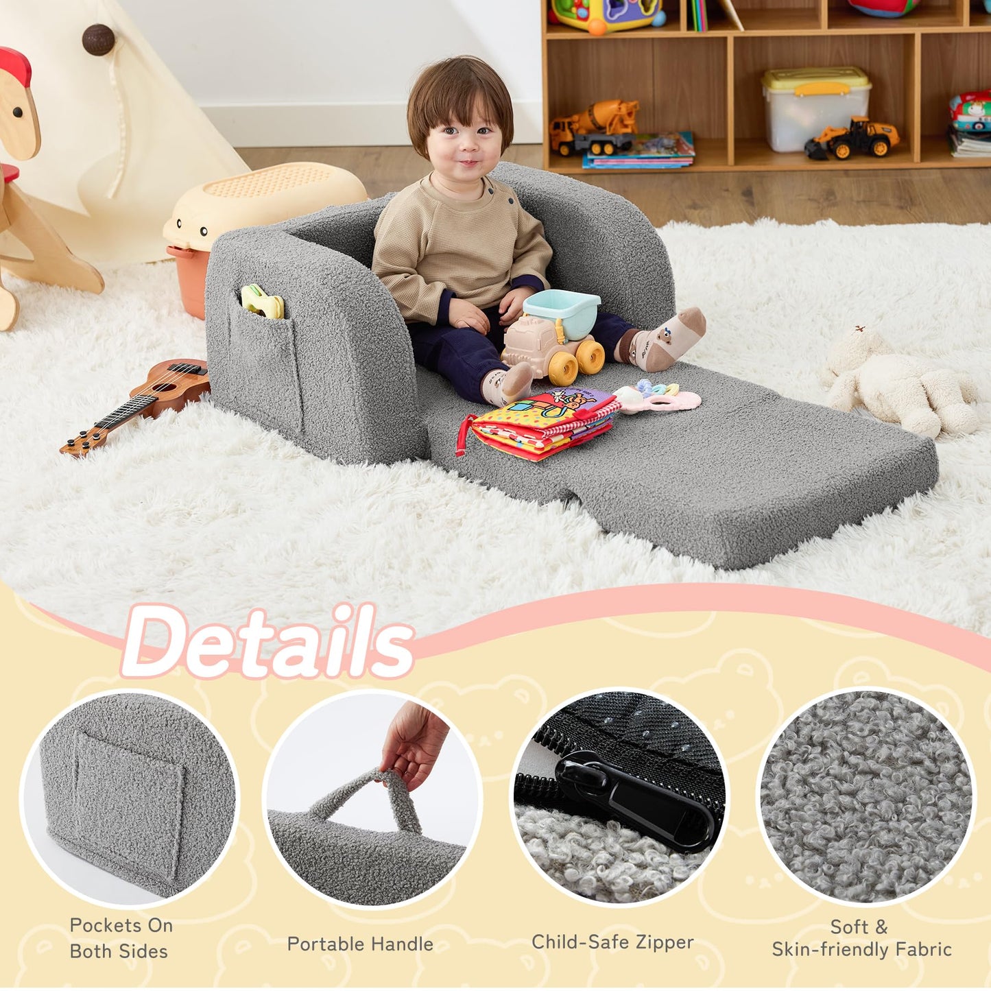 MuaMelop Toddler Couch, 2-in-1 Toddler Chairs Comfy 1-3 Years Old, Toddler Chair for Girls and Boys, Kids Couch Bed Fold Out, Convertible Baby Sofa to Lounge Chair for Playing, Reading, Napping, Grey