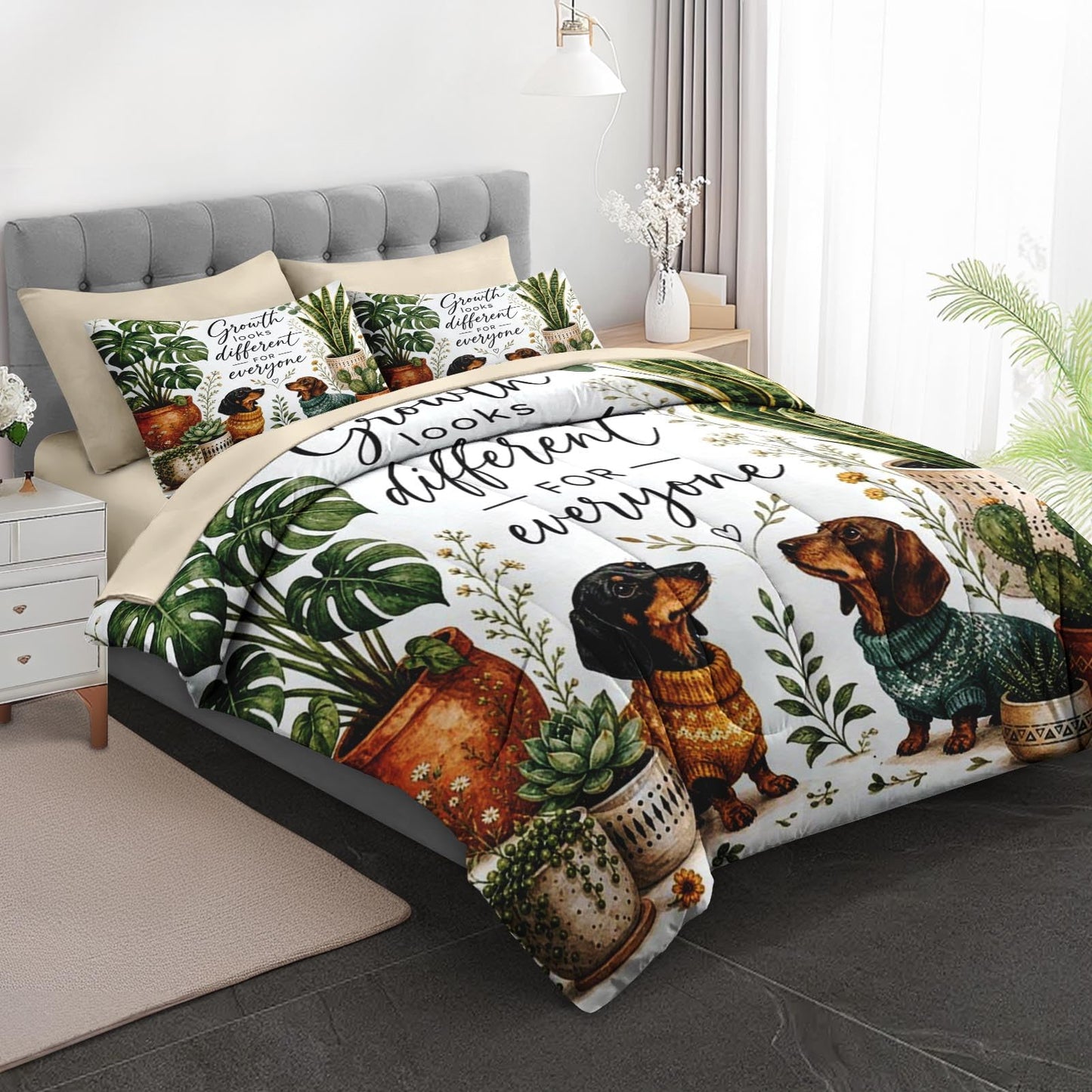 Boewywh Comforter Set Twin Size Dachshund Plant Inspirational 7 Pcs, Bedding for Kids and Adults, Bed Sheet Sets with Fitted Sheet 2 Pillowcases & 2 Shams for Bedroom Bed Decor