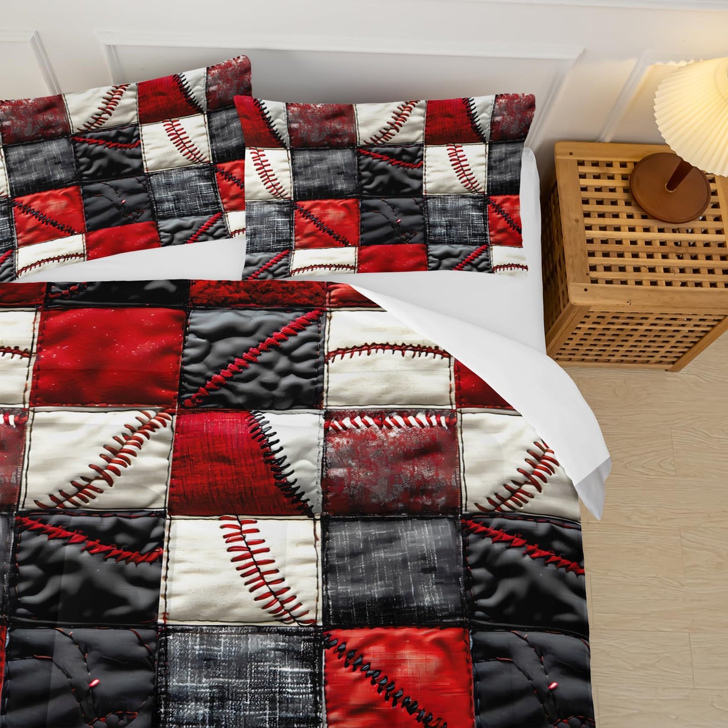 lneffble Red and Black Plaid Comforter Set Twin，Baseball Bedding Set Twin Red and Black，Sport Quilt for Boys，with 1 Comforter with 2 Pillow Case