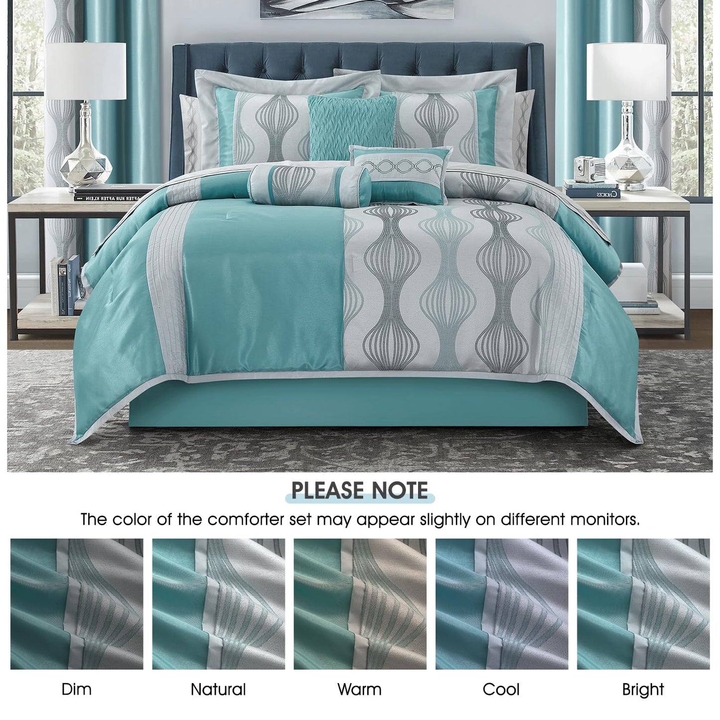 LANCO MODERN LIFESTYLE Queen Comforter Set, Blue, 15 Pieces Room in a Bag, Ultra Soft Jacquard with Patchwork, Luxury Bed Set with Sheets, Curtains, Bed Skirt, Pillow Shams, Cases and Pillows