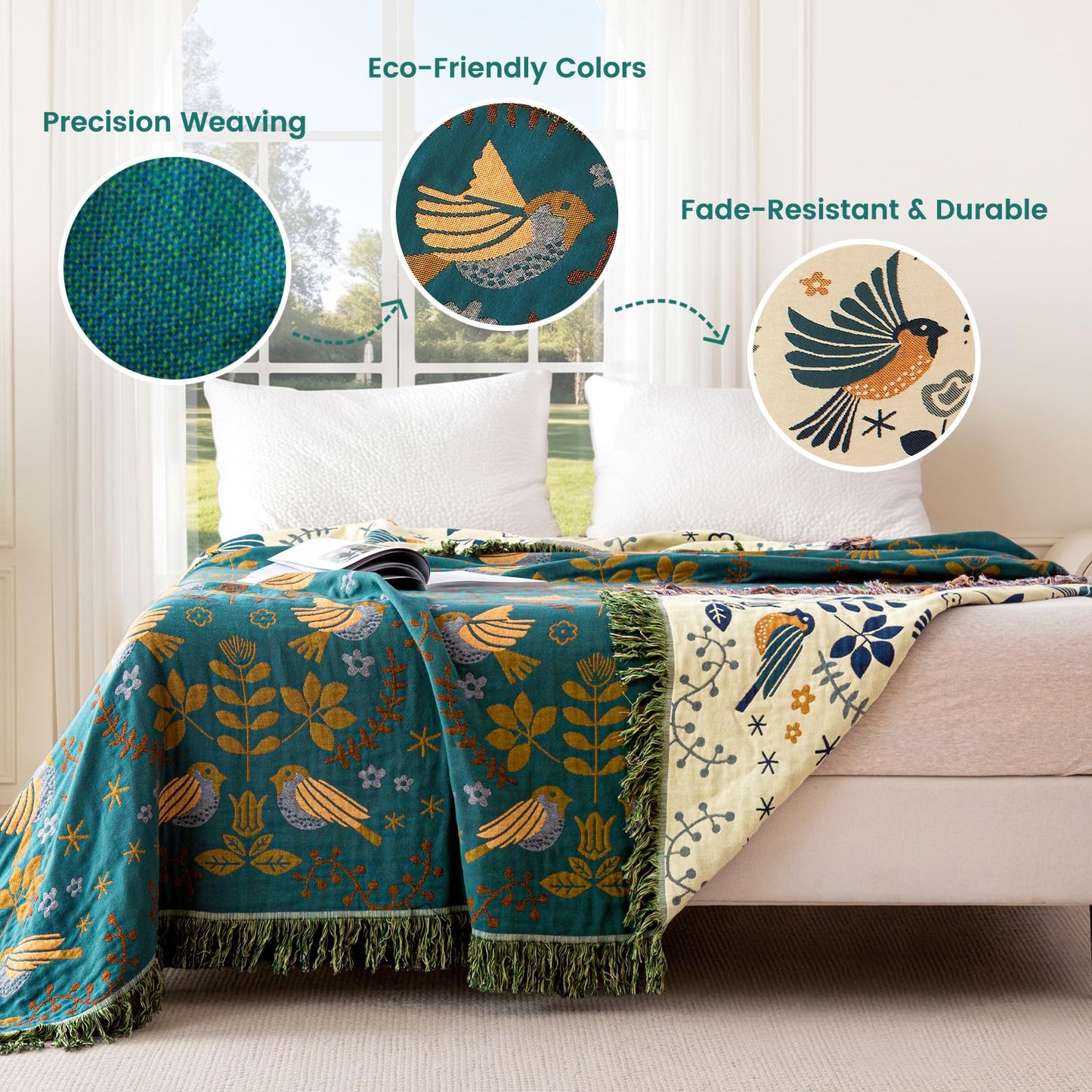 MSGKV Boho Throw Blanket 100% Cotton Blankets for Bed Couch 60"x80", Summer Breathable Farmhouse Bird Blankets Quilt Muslin Home Decor