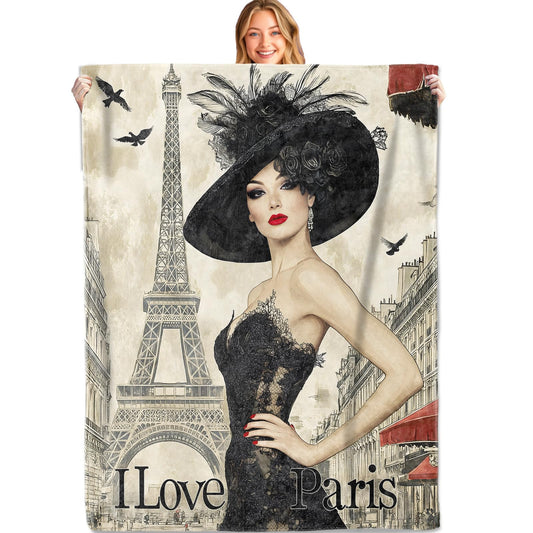 MIEPOS Parisian Elegance Throw Blanket,50x60in,Soft,Lightweight Flannel, Paris Lady Eiffel Tower Vintage French Blankets - Gifts for Kids Women Girls,for Couch Office Travel,Home Living Room Decor