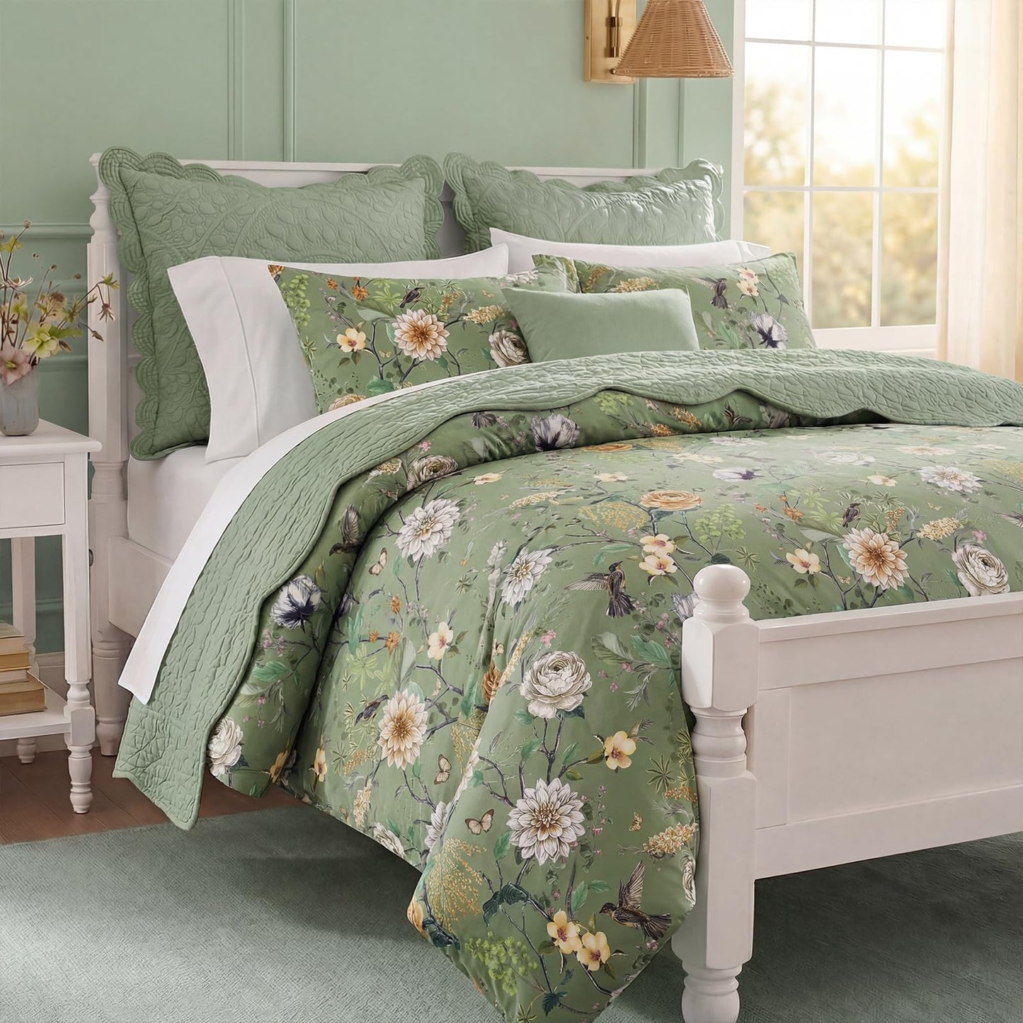 Bedorm 100% Cotton Floral Duvet Cover Queen Size - Green Floral Flower Print 3 Piece Bedding Set with Zipper Closure, Soft and Breathable, Includes 1 Duvet Cover and 2 Pillowcases