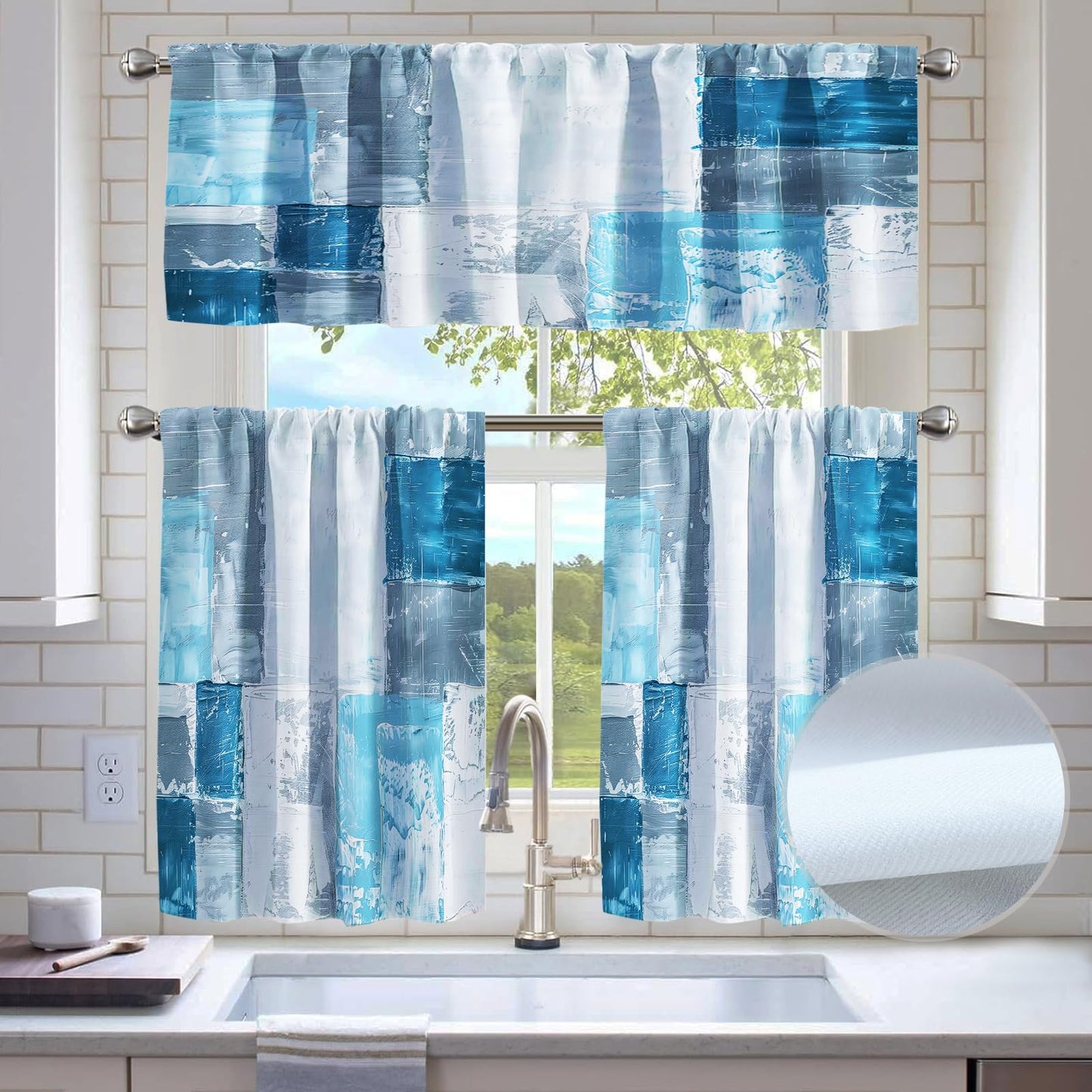 KINUUIS Blue White Blackout Kitchen Window Tier Curtains and Valance Set, 52 x 36 Inch Abstract Art Window Curtains Set with Rod Pocket for Small Windows, Living Room or Bathroom