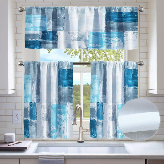 KINUUIS Blue White Blackout Kitchen Window Tier Curtains and Valance Set, 52 x 36 Inch Abstract Art Window Curtains Set with Rod Pocket for Small Windows, Living Room or Bathroom
