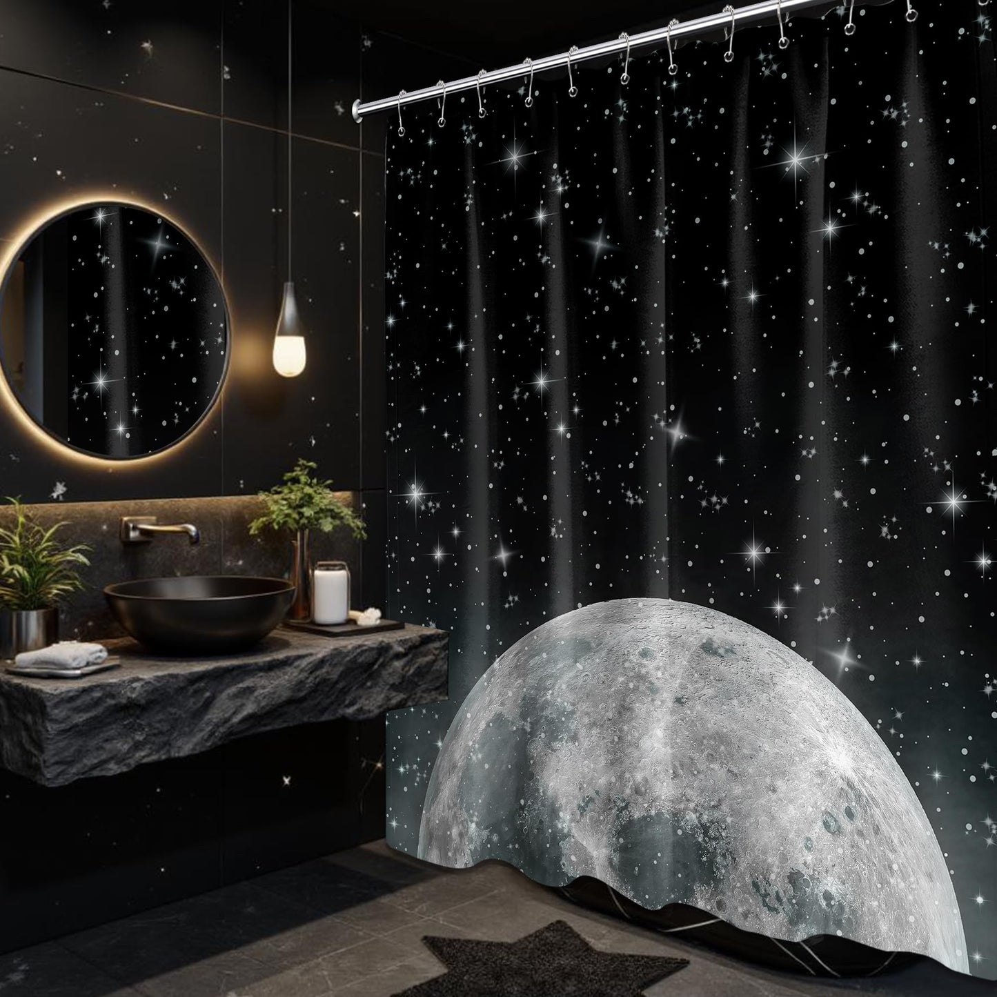 Tonmue Star Moon Shower Curtain Space Night Sky Galaxy Black and White Shower Curtains for Bathroom Decor, Waterproof Cloth Fabric with Hooks 70" W x 72" L