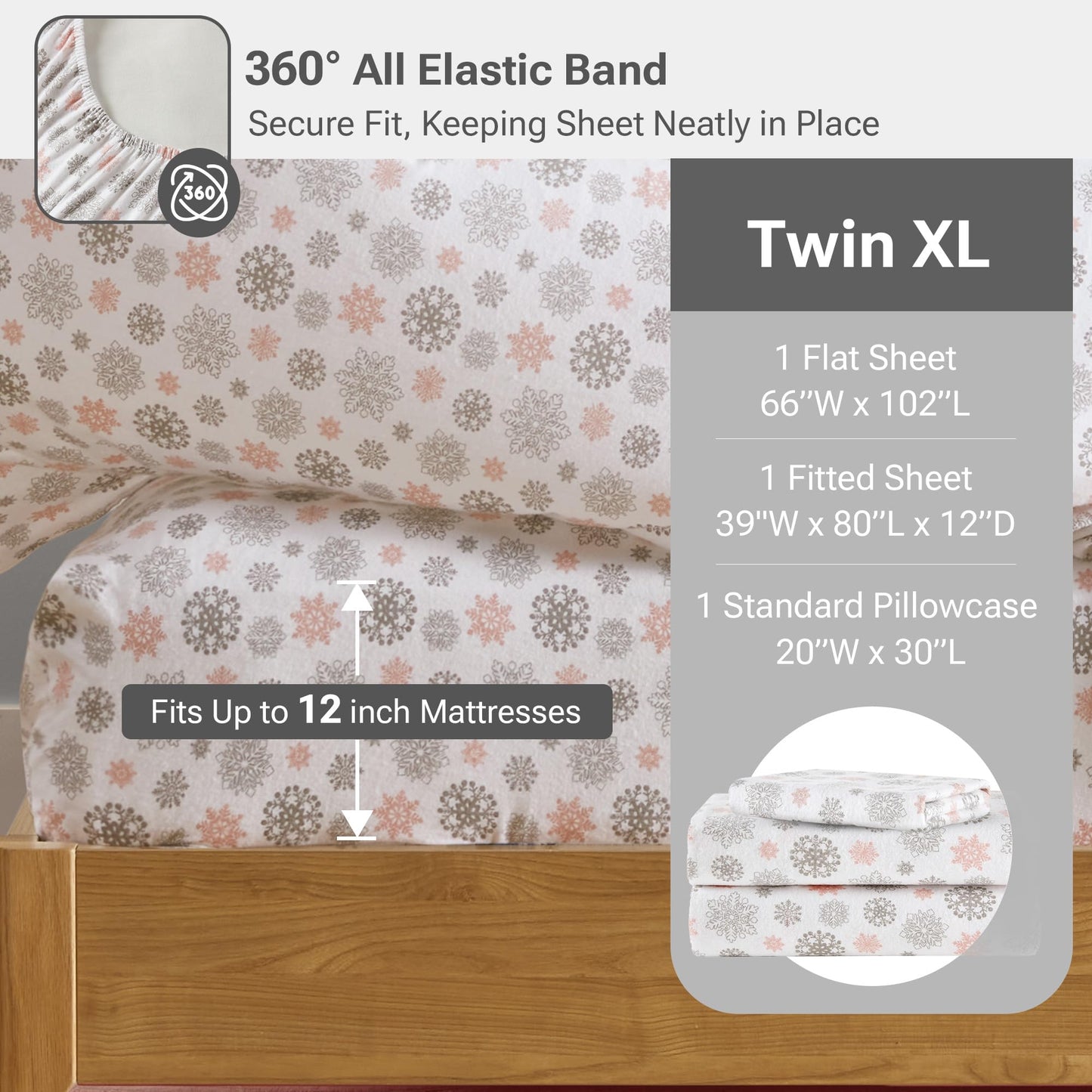 True North by Sleep Philosophy Cozy Flannel Warm 100% Cotton Sheet - Novelty Print Animals Stars Cute Ultra Soft Cold Weather Bedding Set, Twin XL, Pink/Grey Snowflakes 3 Piece