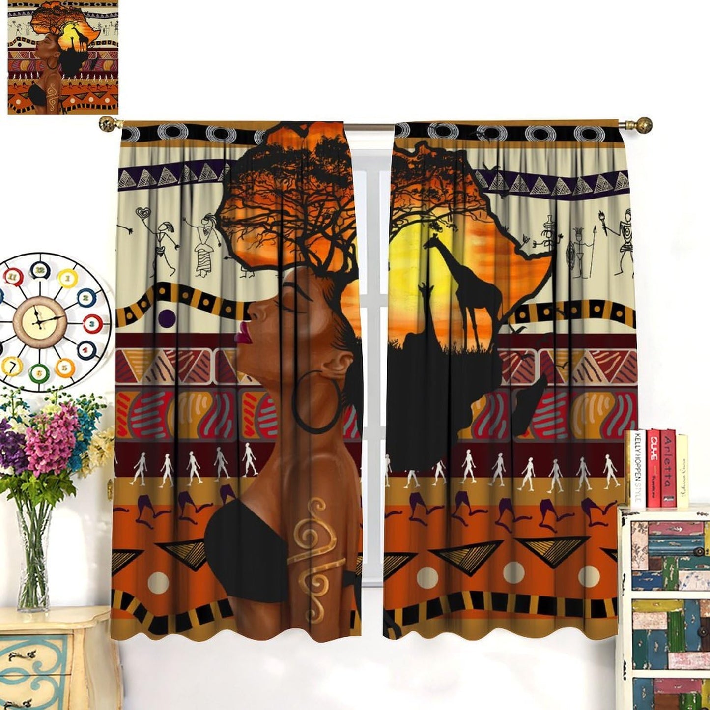 Fblifil African Woman Curtain Abstract Sunset Landscape Wild Life Geometric Printed Rod Pocket Window Treatments for Girls Bedroom Living Room Decor 42" W X 45" L