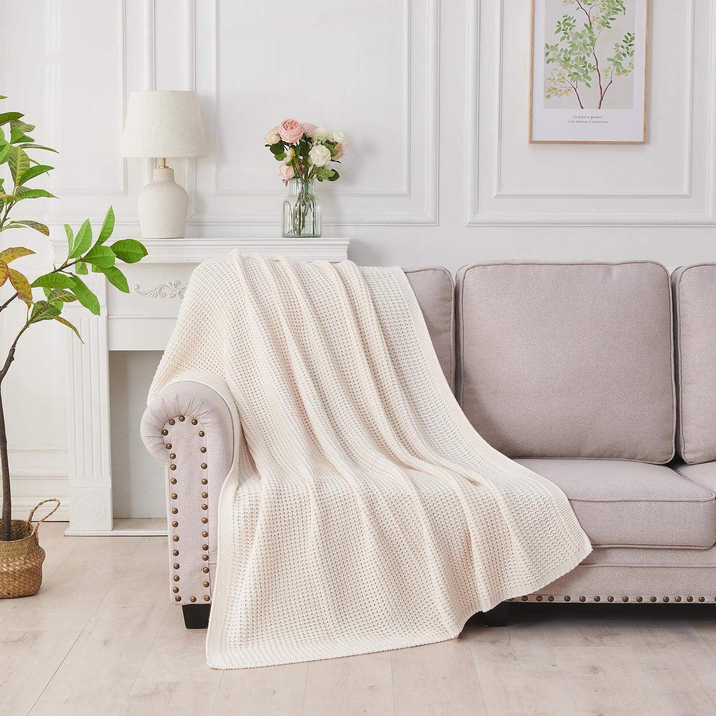 Douceur Cream Throw Blanket for Couch, Soft Chunky Cable Knit Throw Blanket, Classic Fisherman's Rib Stitch Pattern Throw for Living Room,50"X60"