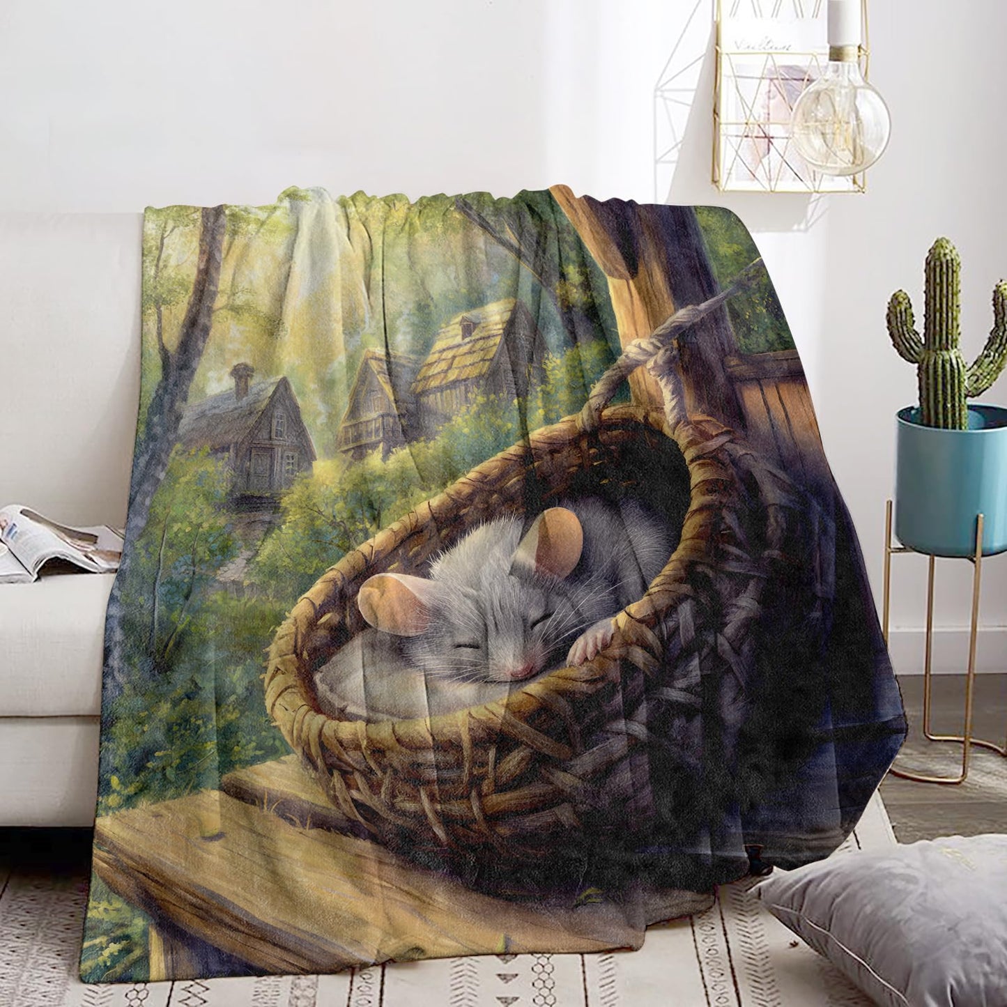 Bidesk Cute Mouse Blanket Soft Cozy Flannel Throw Blanket, Warm Yet Lightweight Sleeping Rat in Woven Basket Blankets for Travel, Couch, Bed, for Adults Women Girls, Fuzzy Outdoor Comfort Wrap 60"×50"