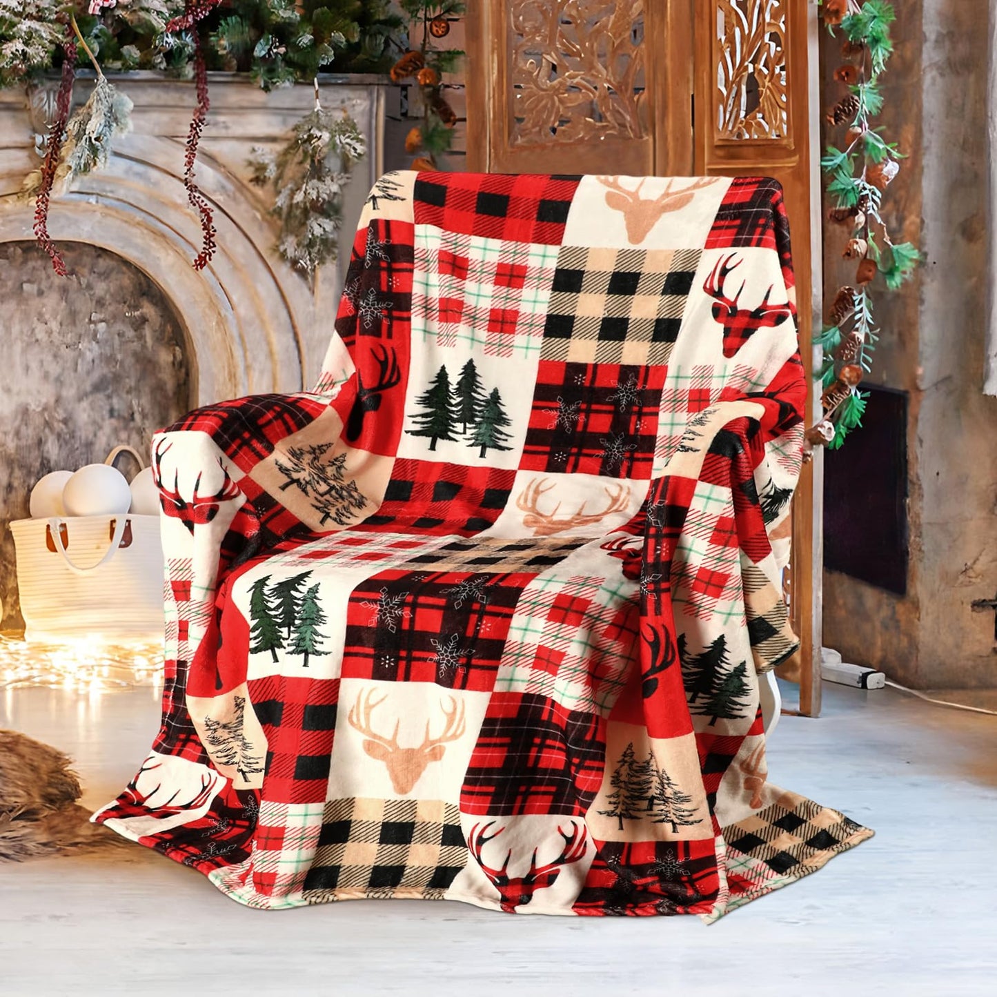 Jansun Christmas Blanket, Christmas Throw Blanket Red Black Plaid Deer Pattern Comfortable Flannel Warm Winter Cabin Throw for Bed Sofa Kids Adults Family Self