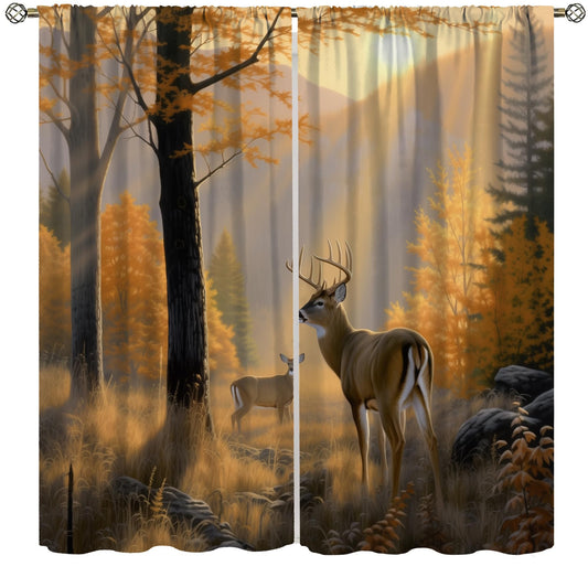 AAVEUP Vintage Animal Deer Curtain for Bedroom,Rustic Oil Painting Art Fall Forest Farmhouse Cabin Hunting Wild Elk Animals Window Drapes for Rustic Cottage Living Room Bathroom 42x45in（No Blackout）