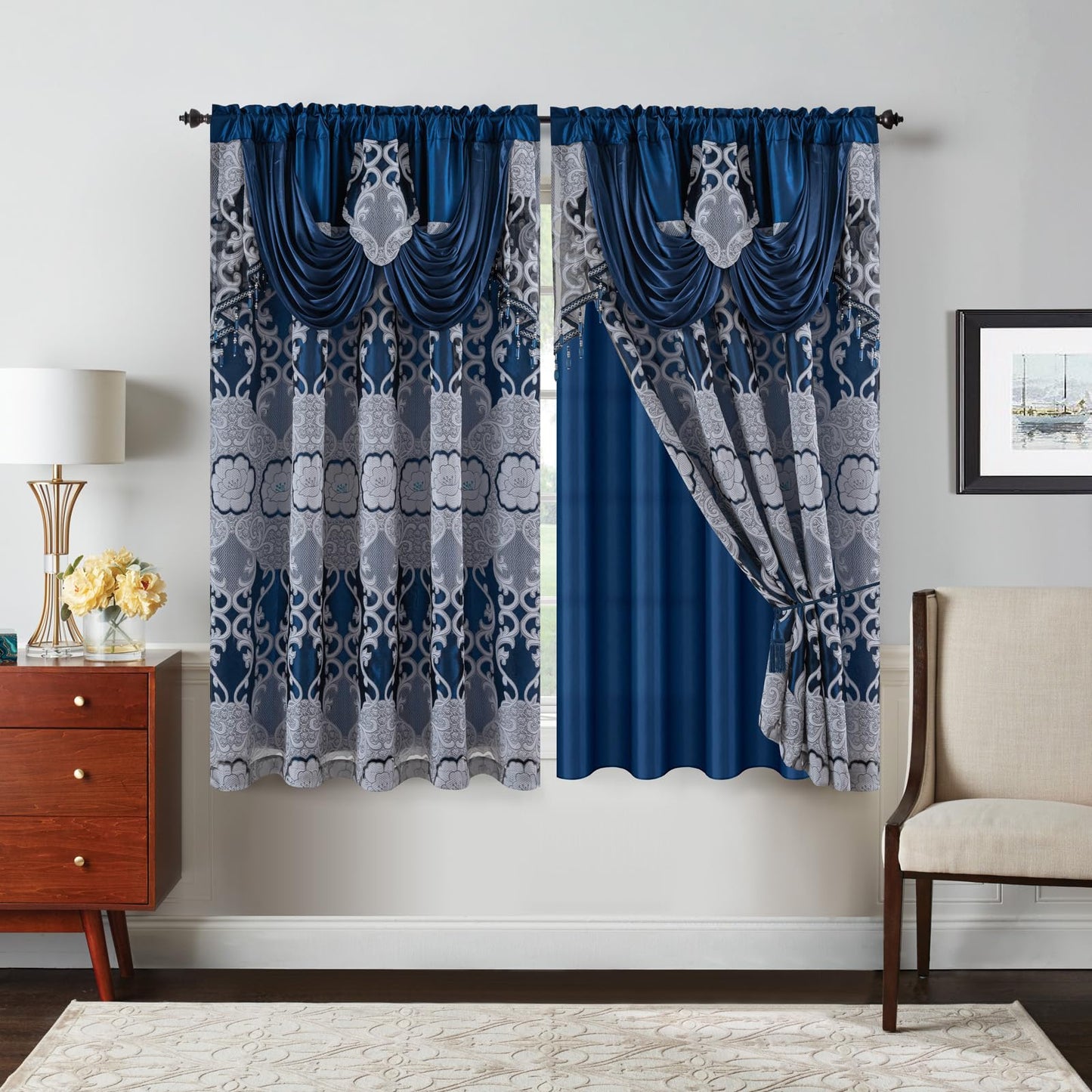 Petrichor Navy Sheer Jacquard Voile Curtains （54" W x 63" L）, 2 Panels with Attached Valance, Double Layer Floral Cutwork Design with Luxurious Texture, Rod Pocket, for Bedroom & Living Room