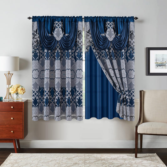 Petrichor Navy Sheer Jacquard Voile Curtains （54" W x 63" L）, 2 Panels with Attached Valance, Double Layer Floral Cutwork Design with Luxurious Texture, Rod Pocket, for Bedroom & Living Room