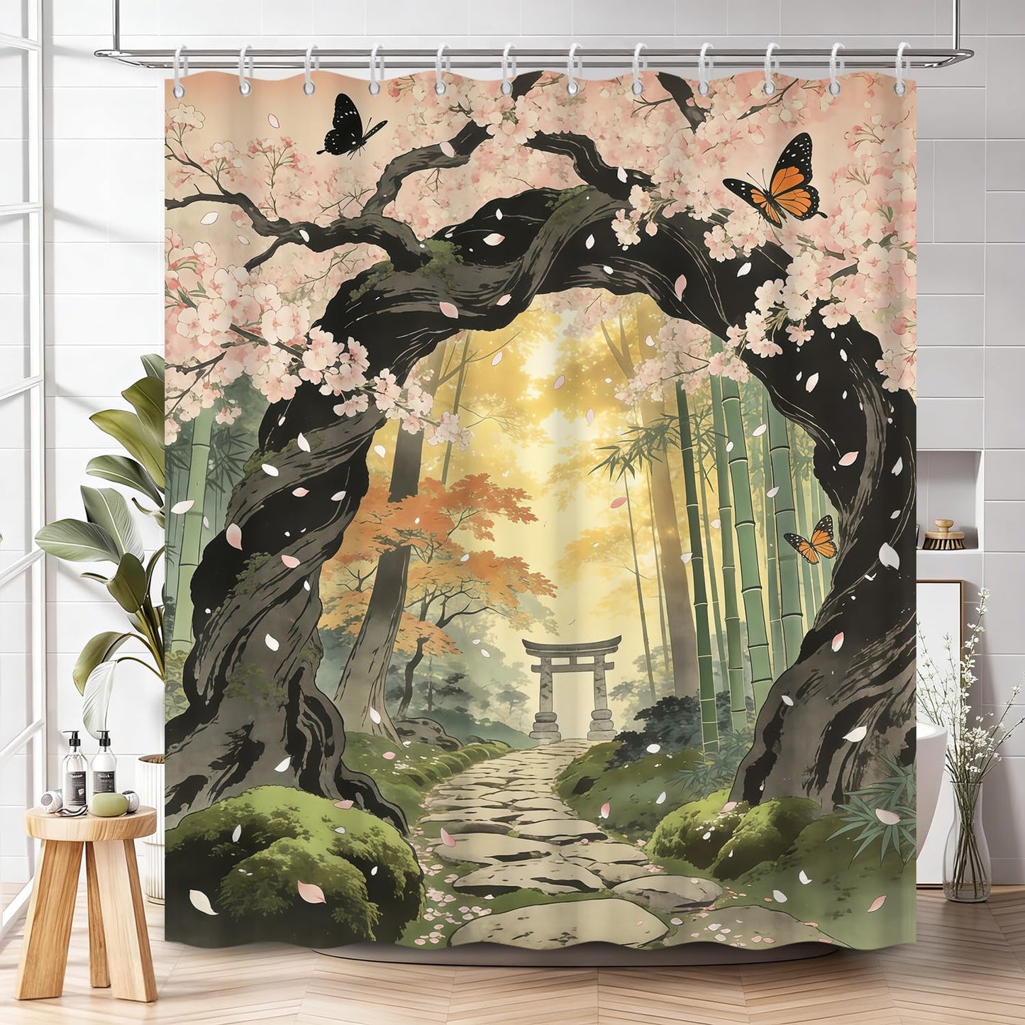 NAEMBCU Japanese Garden Shower Curtain with Hooks - 72x72 Inch Waterproof Fabric Bathroom Curtain with Cherry Blossom, Bamboo Forest and Zen Path Design, Fantasy Nature Bath Curtain Decor