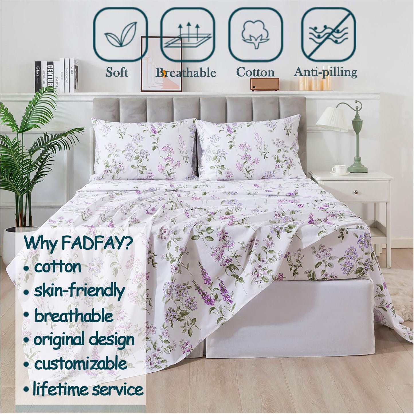 FADFAY Twin Sheet Set 100% Cotton Teal Green Leaf Pattern Printed Bed Sheets, Botanical Sheets Leaves Pattern Modern Minimalist Bedding, Soft Crisp & Breathable Luxury Deep Pocket Fitted Sheet, 4Pc