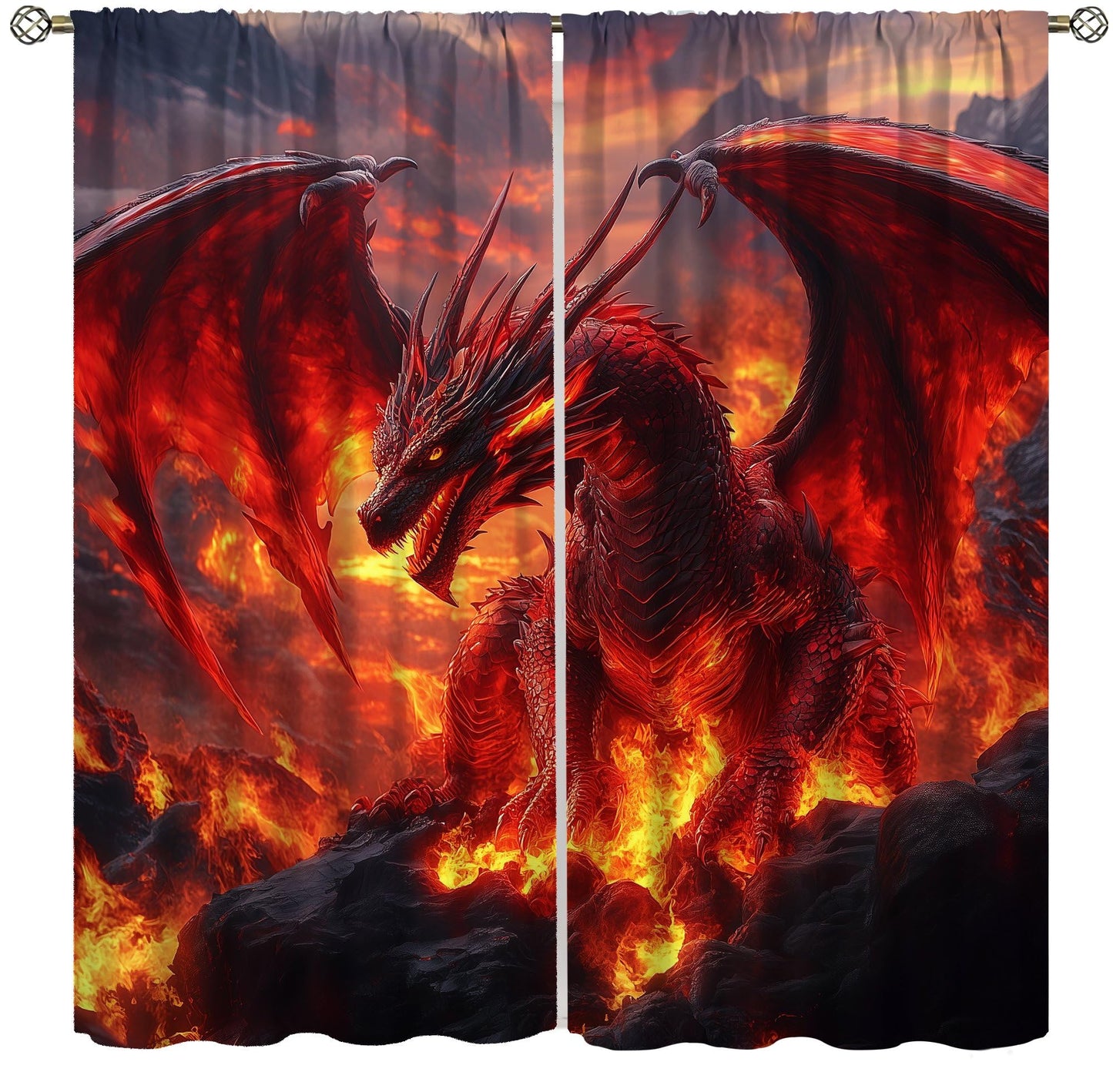 wlsgdsg Western Dragon Curtains for Boys,Fantasy Myth Red Volcano Lava Magic Wings Dragon Fire Breathing Window Treatments Print for Kids Teenage Bedroom Living Room 42x45in（No Blackout）