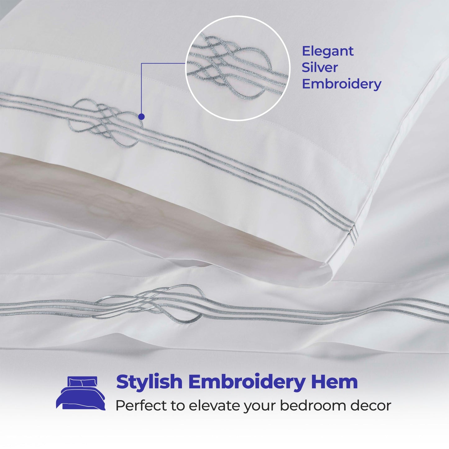 Superior Embroidered Cotton Bed Sheet Set, 1 Elastic Deep Pocket Fitted Sheet, 1 Flat Sheet, 2 Pillowcases, Daily Soft Sheets, Luxury, Elegant Design, Moonlawn Collection, Queen Size, White/Silver