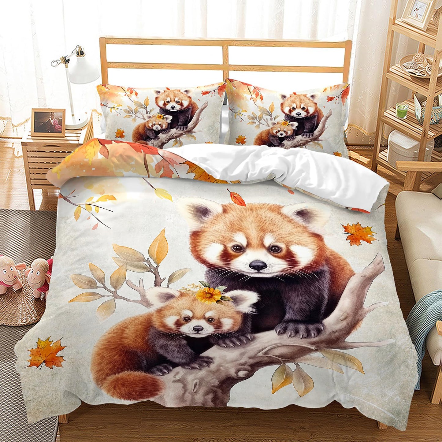 AILONEN Red Panda Duvet Cover Set Twin Size,Cute Animal Printed Bedding Set,Autumn Orange Leaves Panda Bear Kawaii Comforter Cover Set 3 Pieces, 1 Quilt Cover and 2 Pillowcases