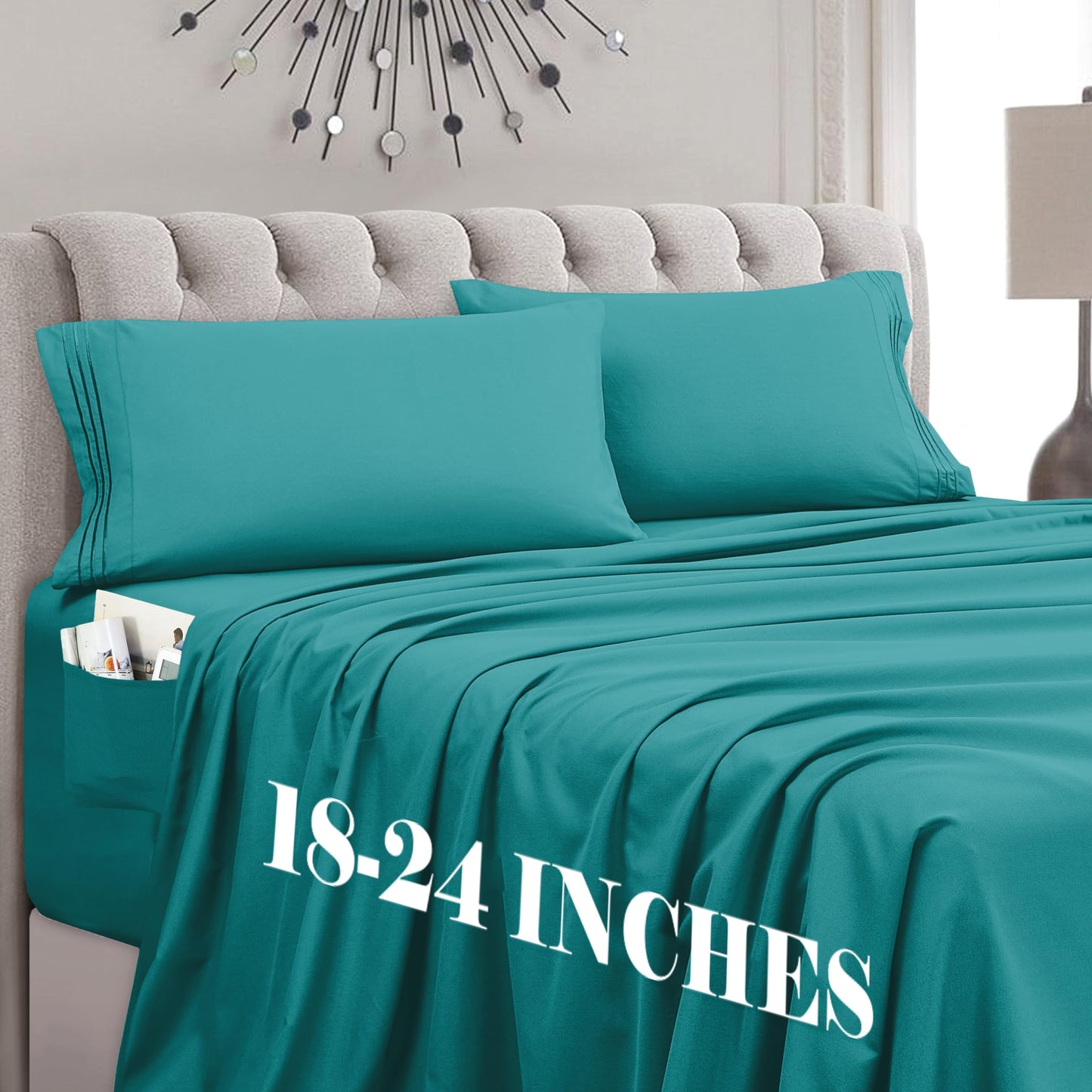 Mocassi Full Size 4-Piece Bed Sheet Set - 1800 Premium Hotel Quality Microfiber 18-24 Inches Extra Deep Pocket Fitted Sheet- Luxury Soft, Breathable, Wrinkle, and Fade Resistant, Teal