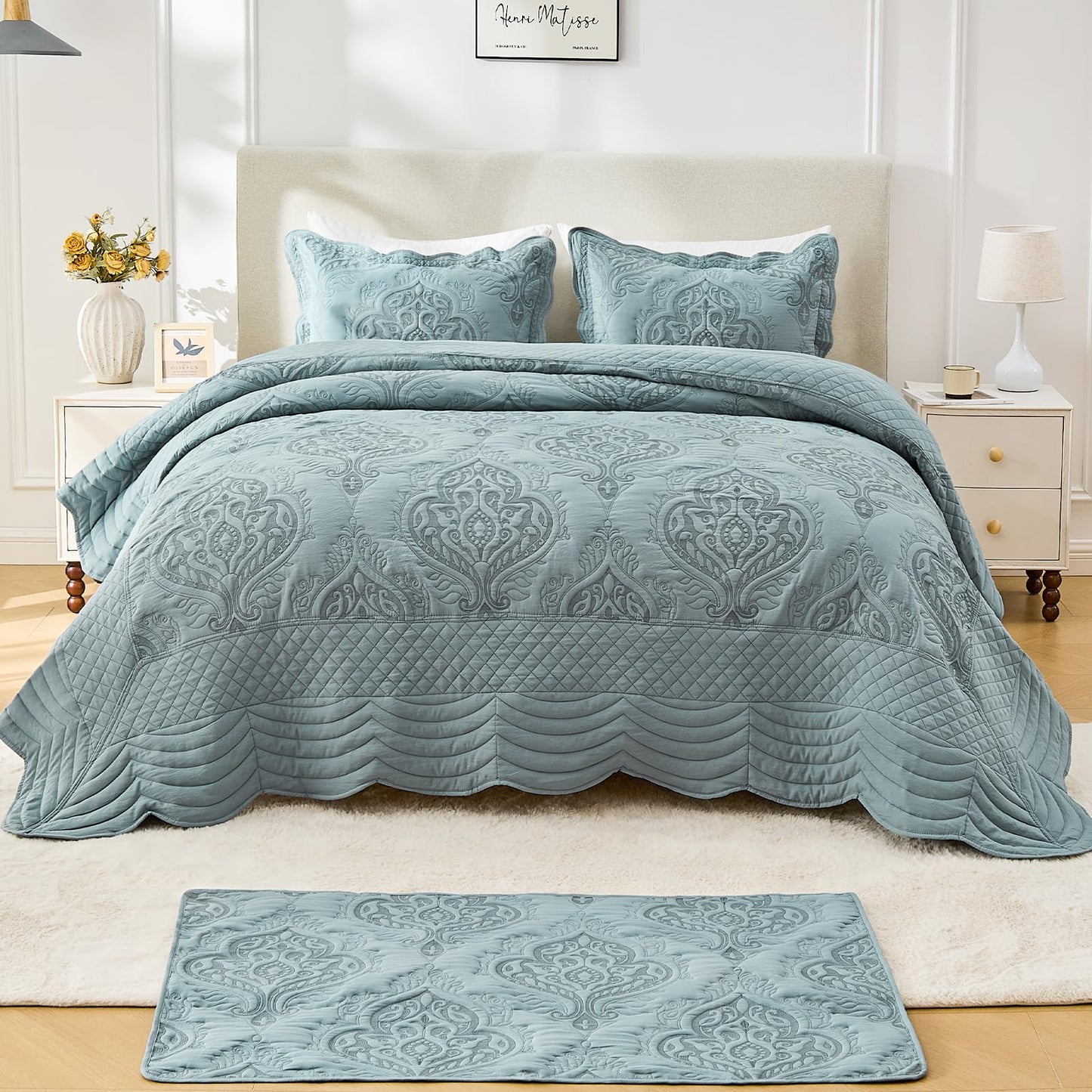 DaisyHuang Oversized Bedspread Coverlet Set King Size - Lightweight Bedding Cover - Beautiful Stitching -Luxury Damask Paisley Pattern Quilt Set, Reversible, 4 Piece with Floor Mat, Dusty Blue