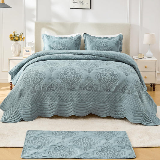 DaisyHuang Oversized Bedspread Coverlet Set Queen Size - Lightweight Bedding Cover - Beautiful Stitching - 4 Piece Reversible Bedspread, Dusty Blue
