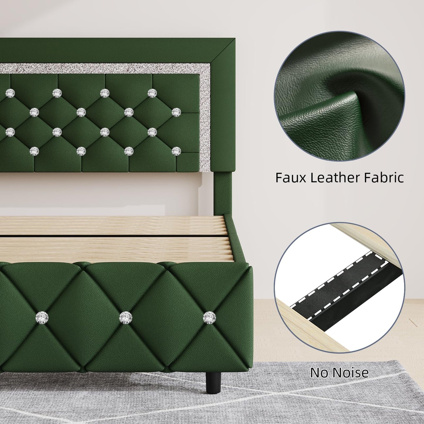 BarnFurin Queen Size Bed Frame with Headboard, Faux Leather Upholstered Bed with Diamond Tufted Design, Modern Bed Frame with Wooden Slats Support, No Box Spring Required, Easy Assembly, Green