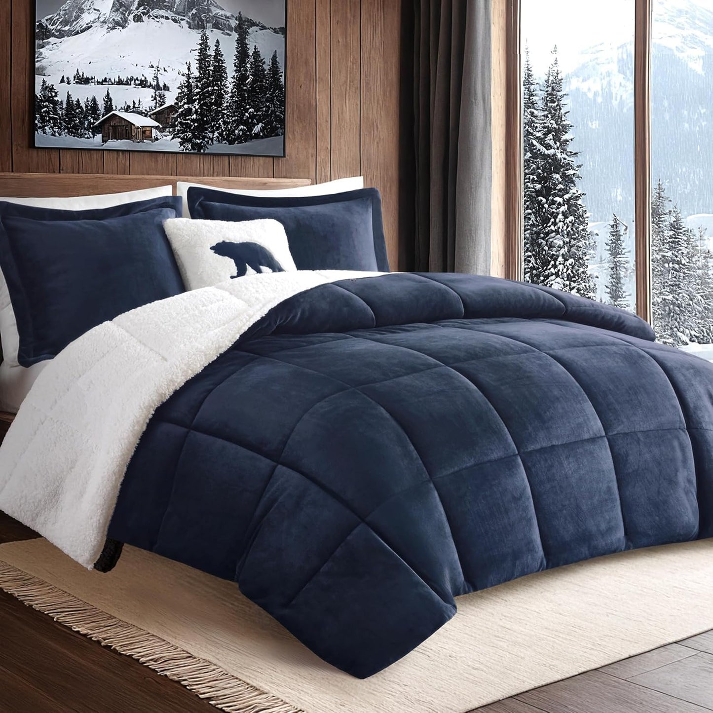Woolrich Reversible Comforter Set Ultra Soft Plush to Sherpa, Down Alternative, Cold Weather Winter Warm Bedding, with Matching Sham, Decorative Pillow Navy/Ivory Full/Queen 4 Piece
