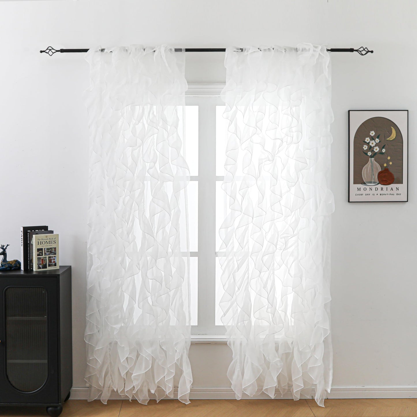 ZJMUV TEX Cascade Farmhouse Shabby Chic Sheer Voile Vertical Ruffled Waterfall Window for Bedroom Living Room Curtain Panel 2 Panels (White, 84" L x 50" W)