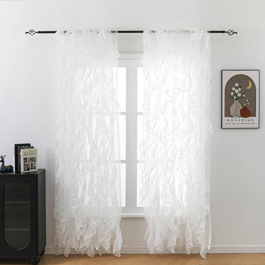 ZJMUV TEX Cascade Farmhouse Shabby Chic Sheer Voile Vertical Ruffled Waterfall Window for Bedroom Living Room Curtain Panel 2 Panels (White, 84" L x 50" W)