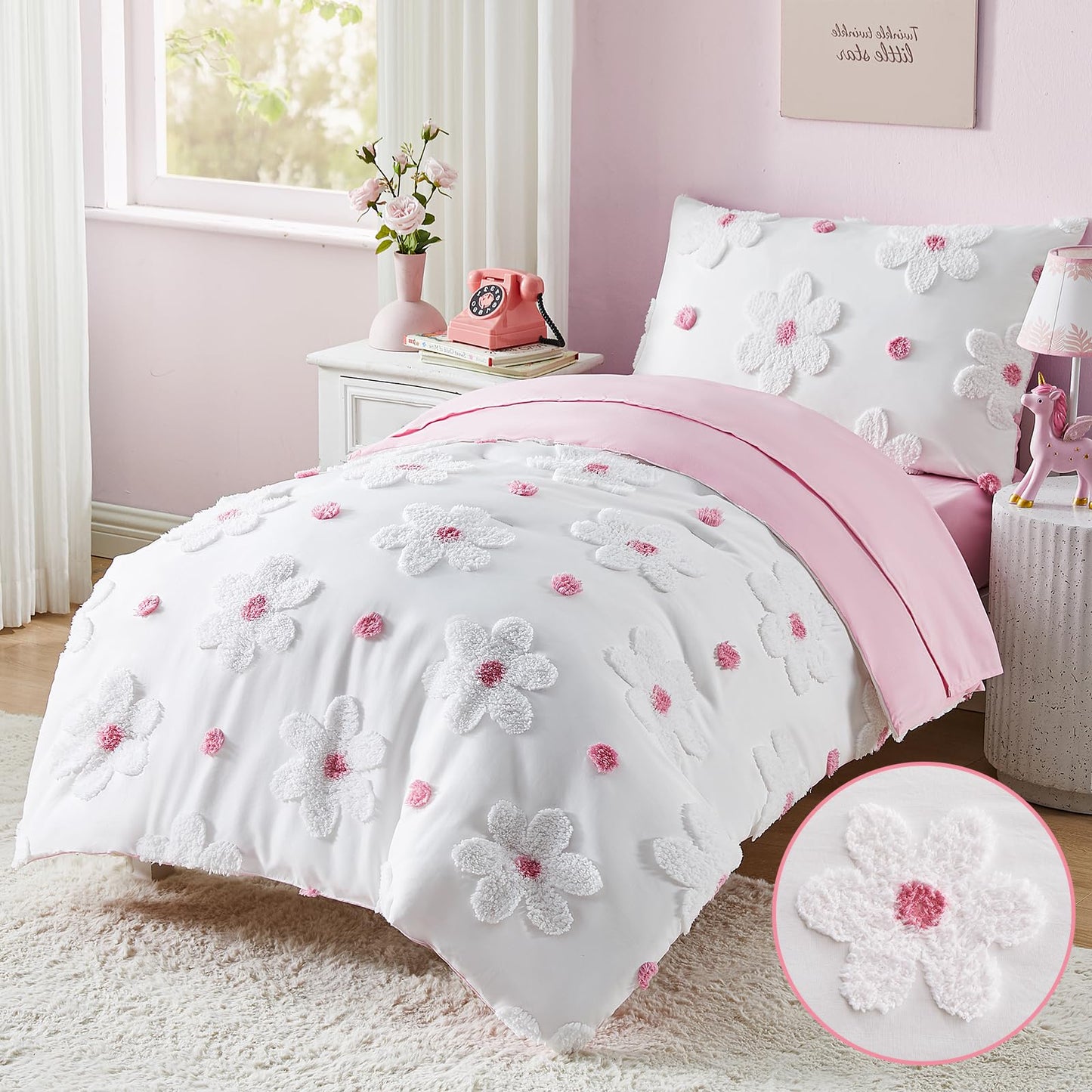CotComf Toddler Bedding Set for Girls 4-Piece Pink Boho Tufted Daisy Flowers Toddler Comforter Set Bed-in-a-Bag Toddler Sheets Bedroom Set with Toddler Comforter, Flat Sheet, Fitted Sheet, Pillowcase