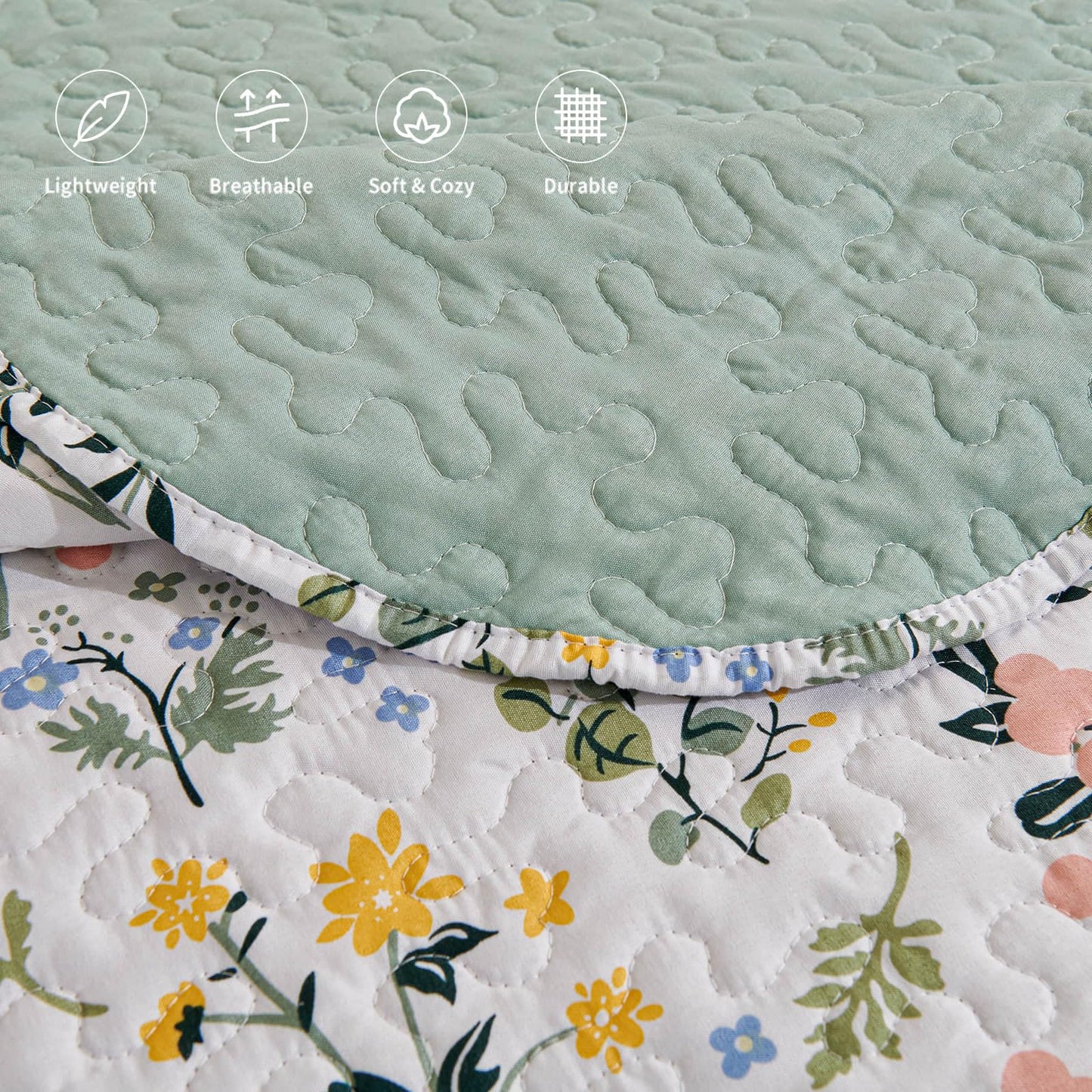 LEAONME 3-Piece Full Queen Size Quilt Set Lightweight Bedspread Coverlet 90''x98'' Garden Style Floral Printed Oversized Bedding Set with Shams for All Season