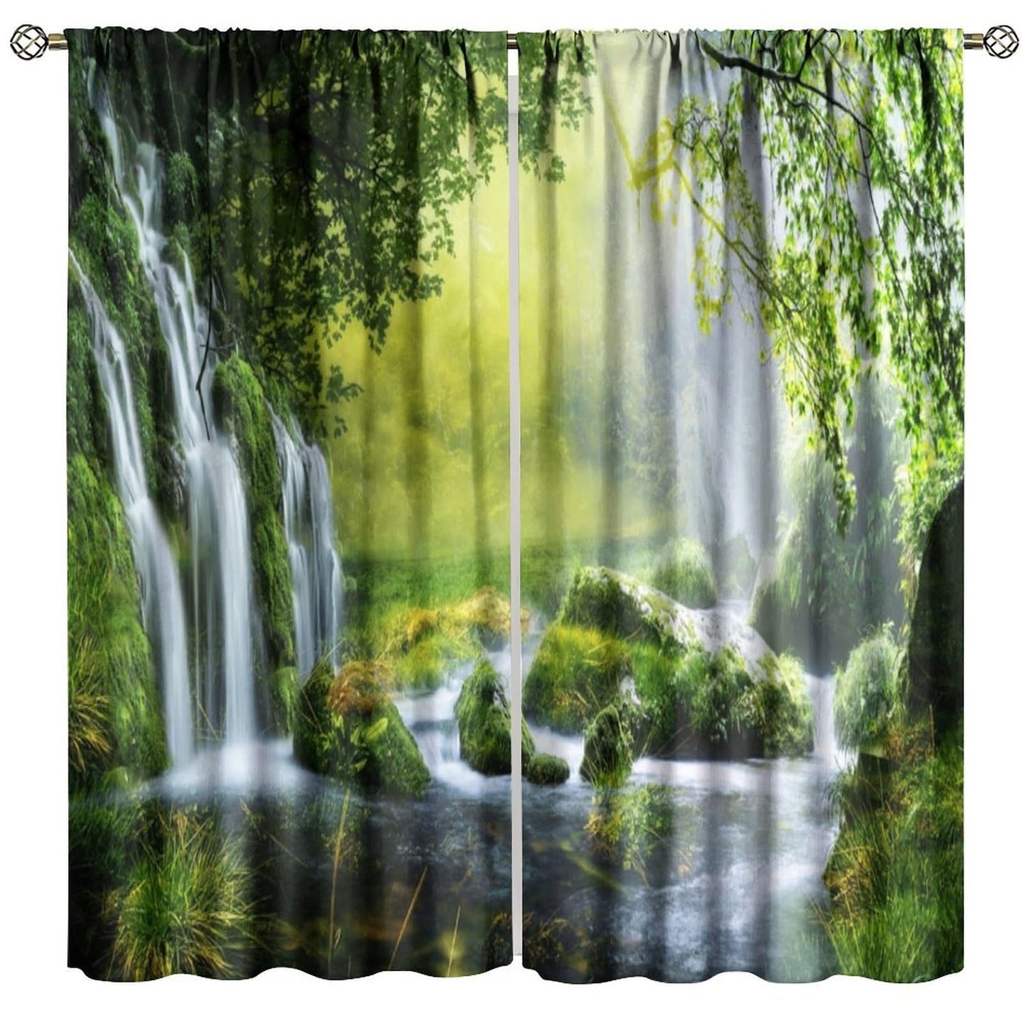 Veridic Spring Waterfall Curtains,Jungle Sunrise Natural Landscape Pattern Decor Rod Pocket Window Drapes for Bedroom Living Room Kitchen 42x45 Inch
