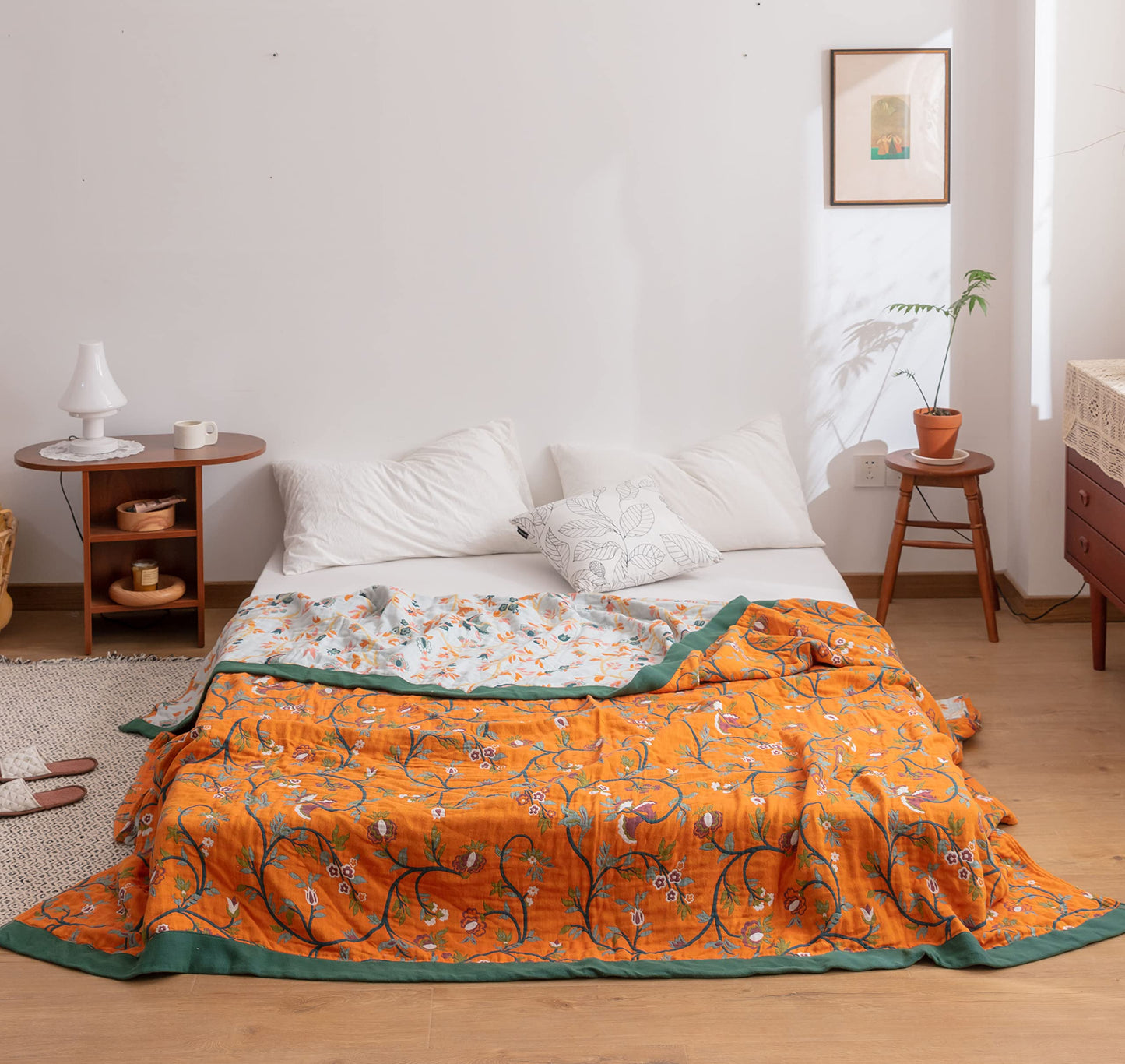 Scientific Sleep Vine Floral Blossom Senior Retro 100% Cotton Muslin Blanket Throw Cover for Bed Couch Sofa Cozy Soft Reversible Bedding Blanket Quilt Bedspread Coverlet Full Queen 80 in x 90 in