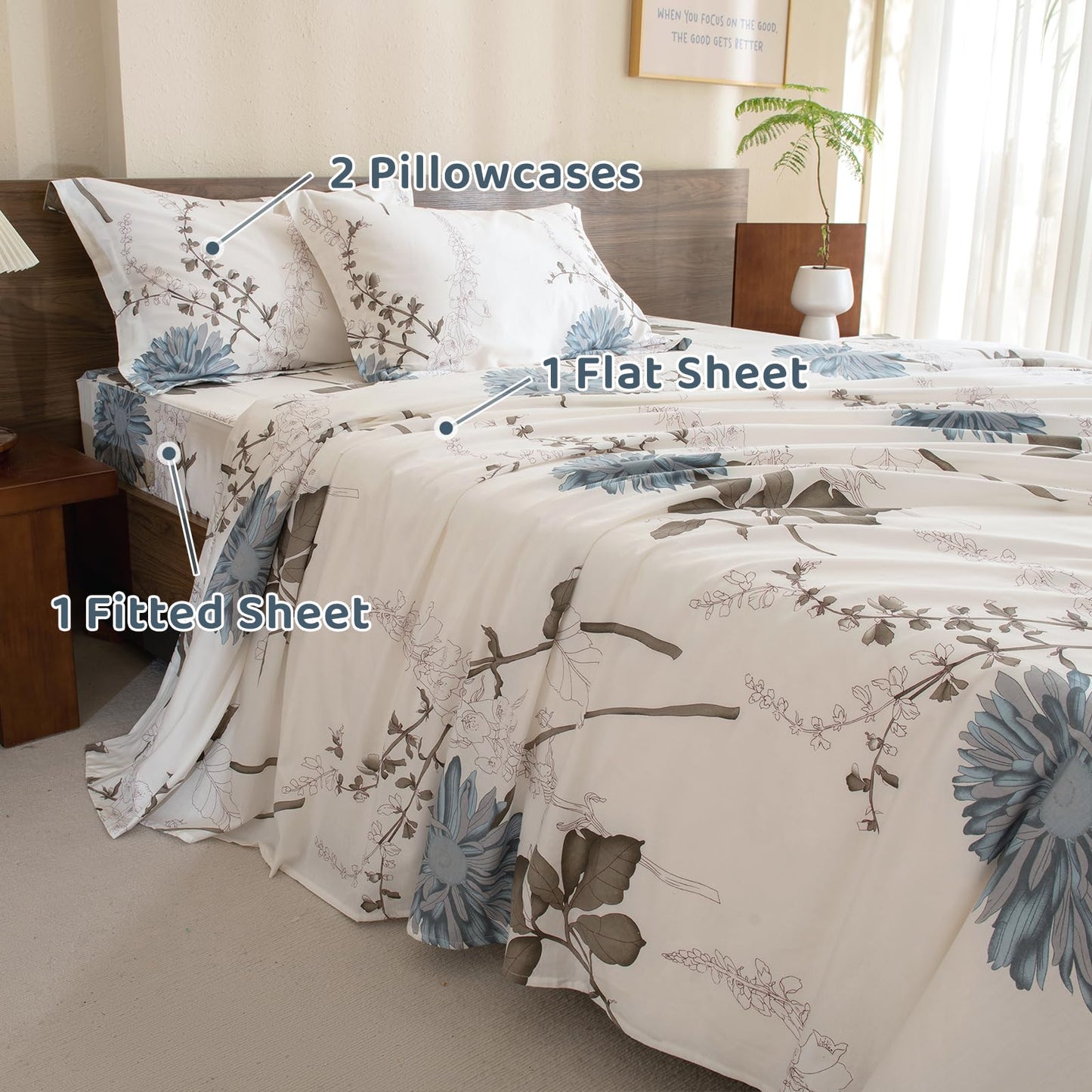 QSH 100% Cotton Sheets for Queen Size Bed, White Floral Plant Pattern Botanical Luxury Cotton Printed Floral Bedding Sheets Queen Soft and Breathable 4pcs Deep Pocket Queen Sheet Set