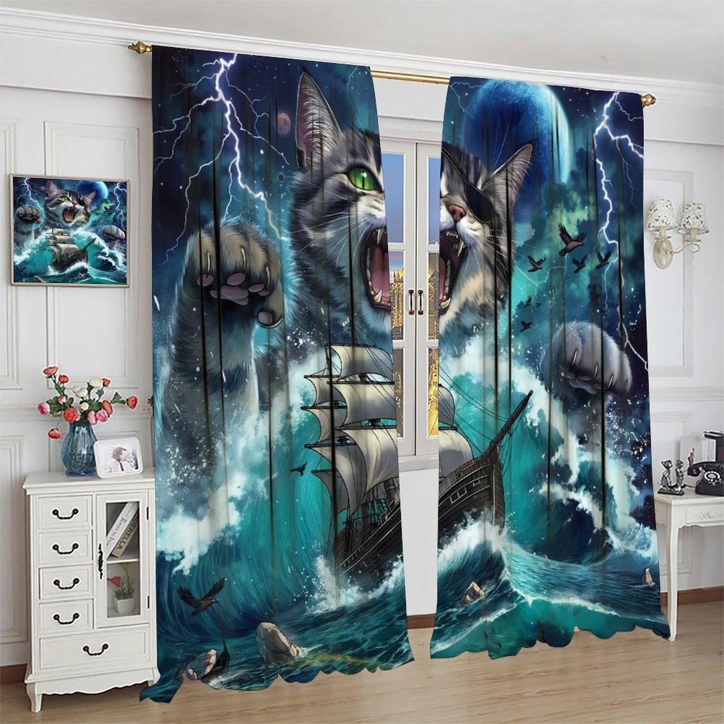 Pirate Cat Curtains for Kids Funny Pirate Ship Sea Ocean Waves Nautical Sailboat Moon Cool Animal Beach Seagull Cute Pattern Window Treatments For Boys Teen Bedroom Living Room 42x44.5In（No Blackout）