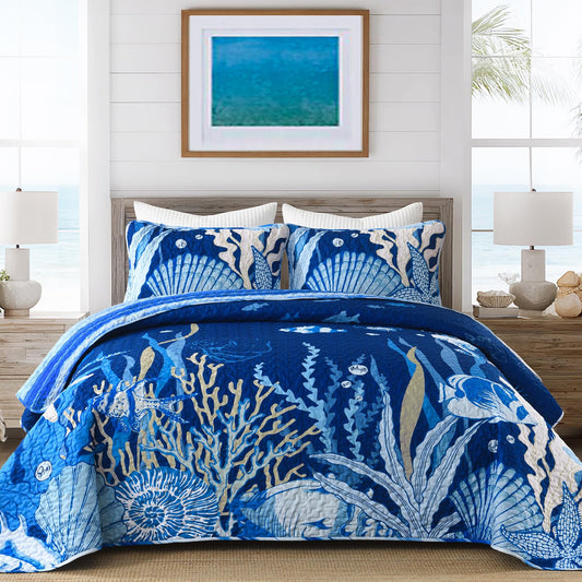 DJY Coastal Quilt Set Queen Size 3 Piece, Beach Theme Pattern Quilted Blanket Thin Reversible Microfiber Bedding Lightweight Soft Bedspread Coverlet Sets for All Season (1 Quilt, 2 Pillow Shams)