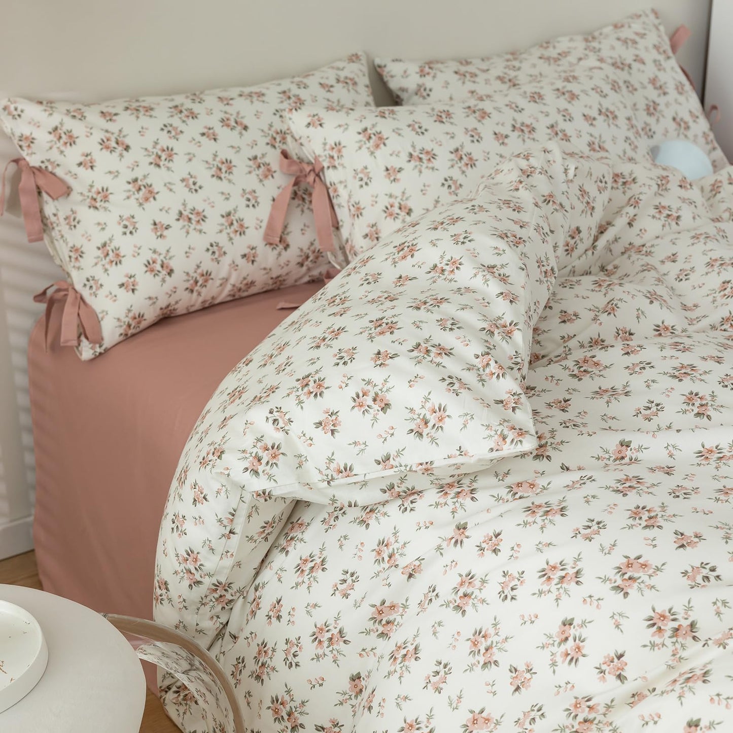 mixinni Soft Aesthetic Cotton Blush Flower Pattern 2 Piece King Size Bow Tie Pillow Cases 20 x 36 Inches Set of 2