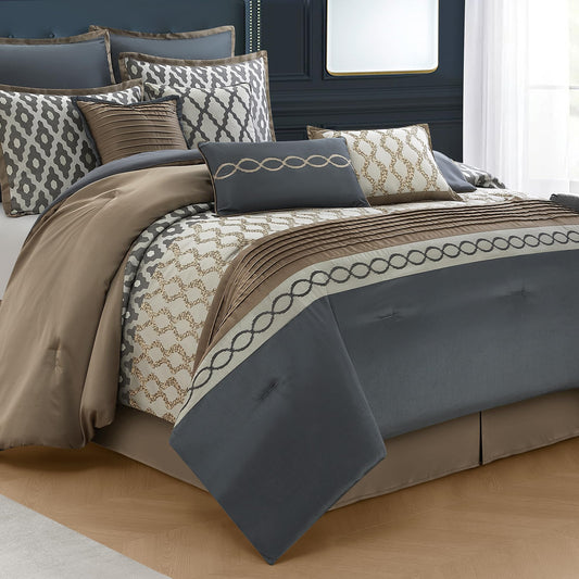 LANCO MODERN LIFESTYLE Queen Comforter Set, Grey Brown, 10 Piece Bed in a Bag for All Seasons, Luxury Extreme Comfort Bedding Sets with Bedskirt, Pillow Shams, Euro Shams and Decor Pillows