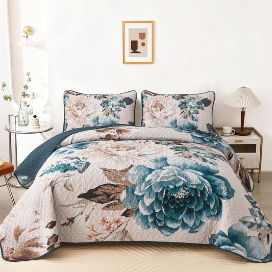WONGS BEDDING Floral Quilt Set Aqua Queen,Quilted Printed Lightweight Bedspread Bedding Set for All Season,3 Pieces Reversible Botanical Plant Coverlet Set with 2 Pillow Shams