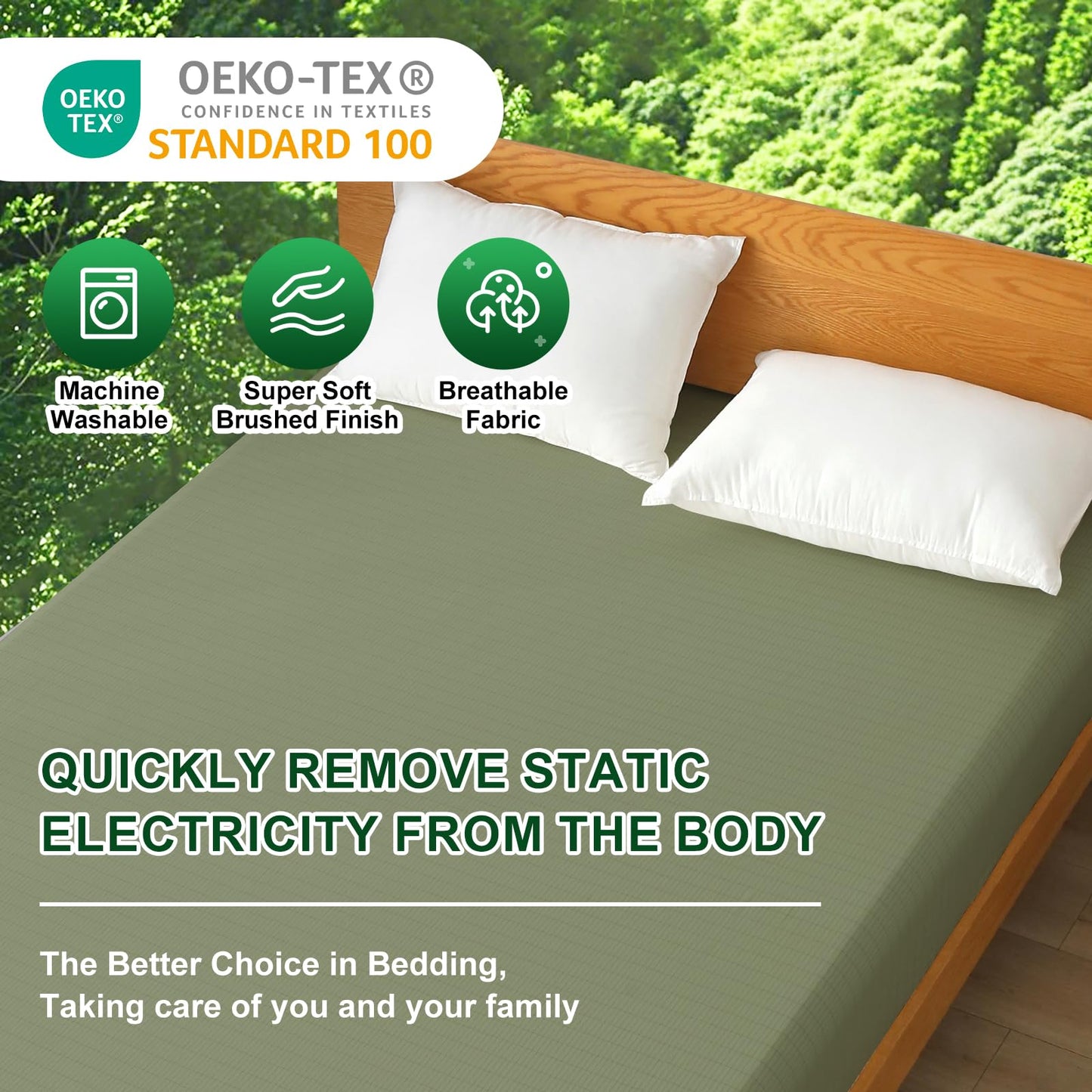 Ivellow Grounding Sheets Queen 10% Pure Silver Fiber 90% Organic Cotton Fitted Sheet Queen Size 16” Deep Pocket Soft Grounded Sheet Earth Connected Bedding Fitted Earth Sheet with Grounding Cord Green