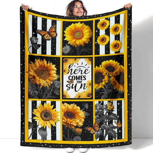 XSMEI Sunflower Throw Blanket, Stars Butterfly Stripe Design, Soft Cozy Fleece Blanket for Couch Bed, 60 x 80 Inches